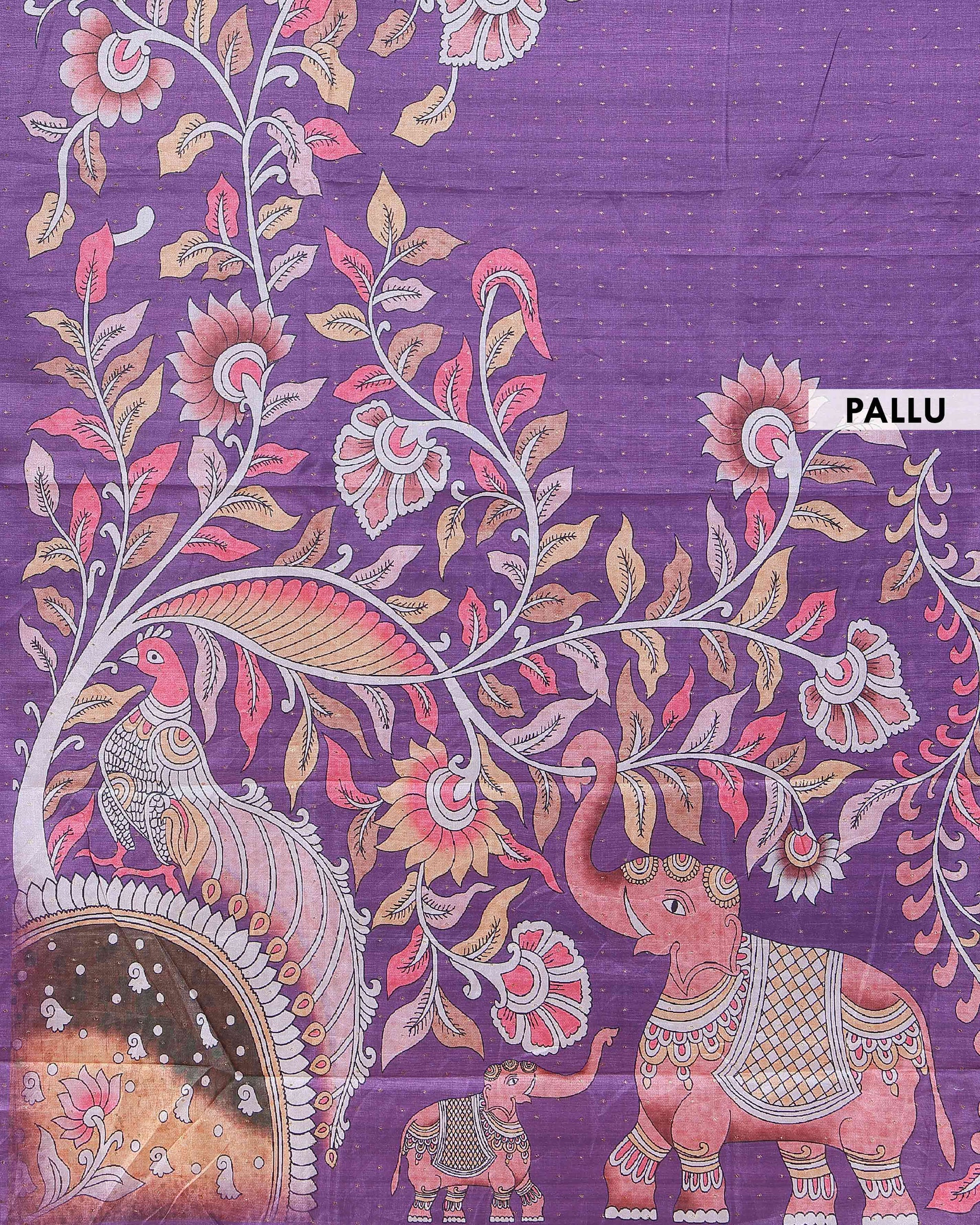 Elegant Semi Tussar Saree with Hand-Painted Elephant and Floral Motifs - Purple