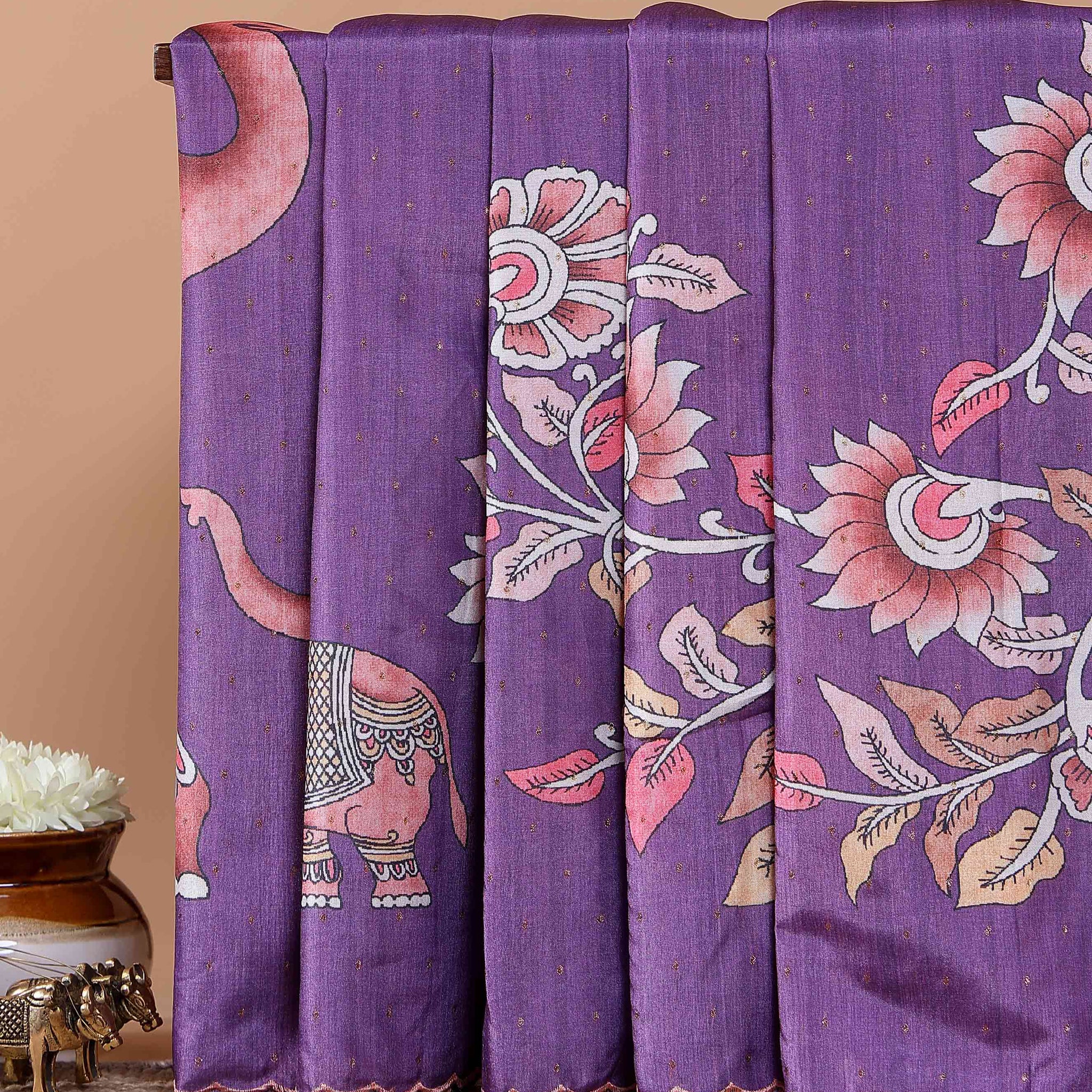 Elegant Semi Tussar Saree with Hand-Painted Elephant and Floral Motifs - Purple
