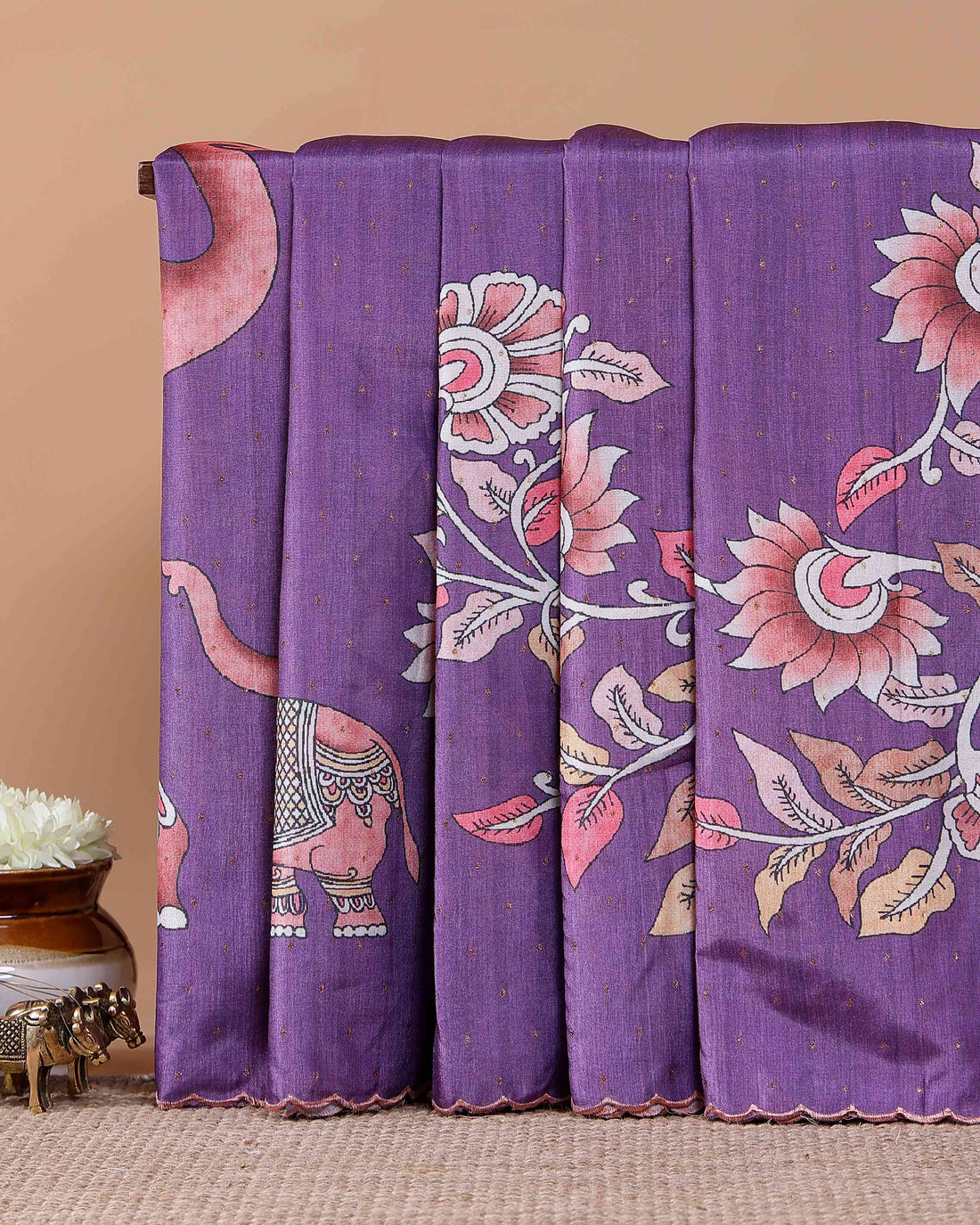 Elegant Semi Tussar Saree with Hand-Painted Elephant and Floral Motifs - Purple