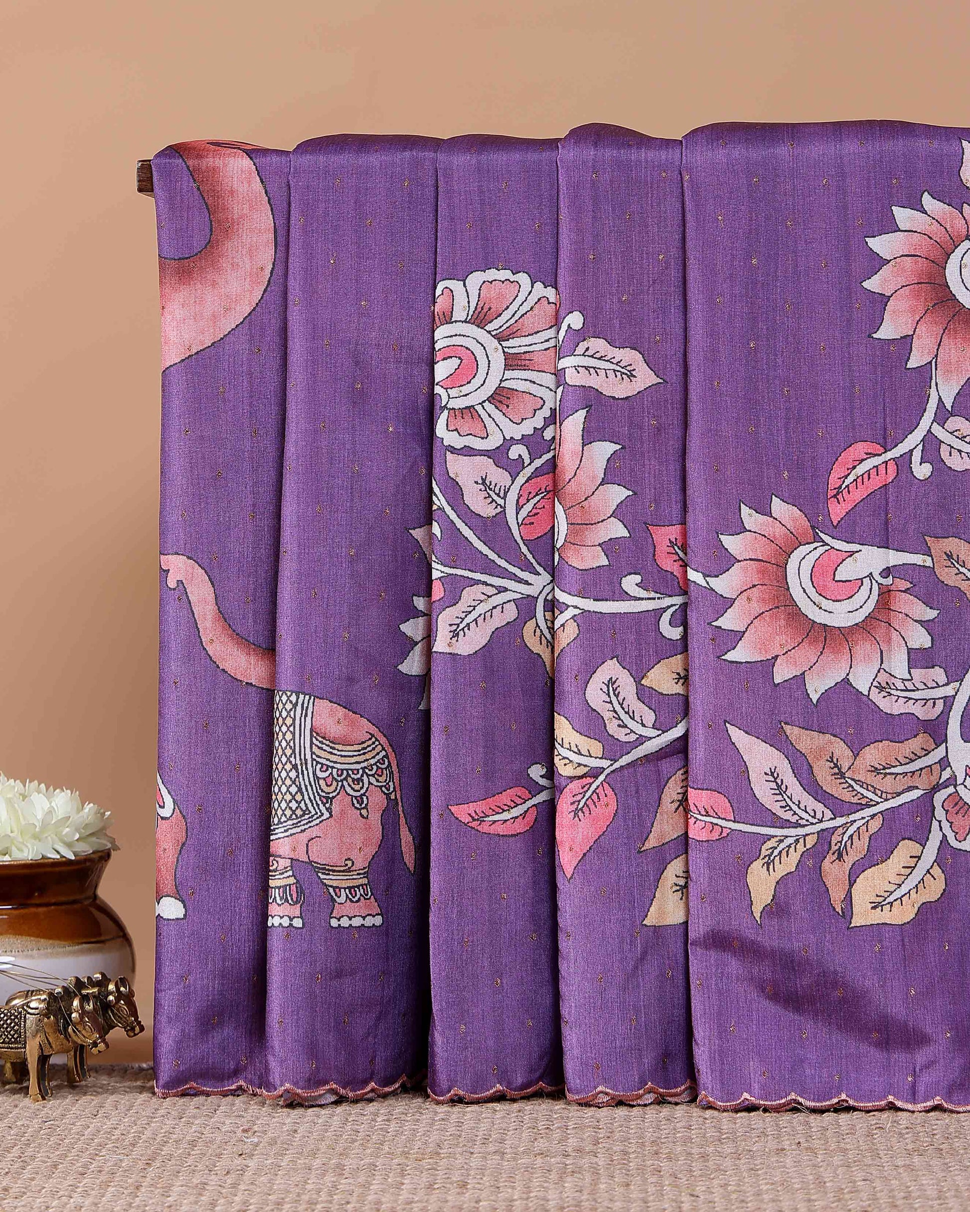 Elegant Semi Tussar Saree with Hand-Painted Elephant and Floral Motifs - Purple