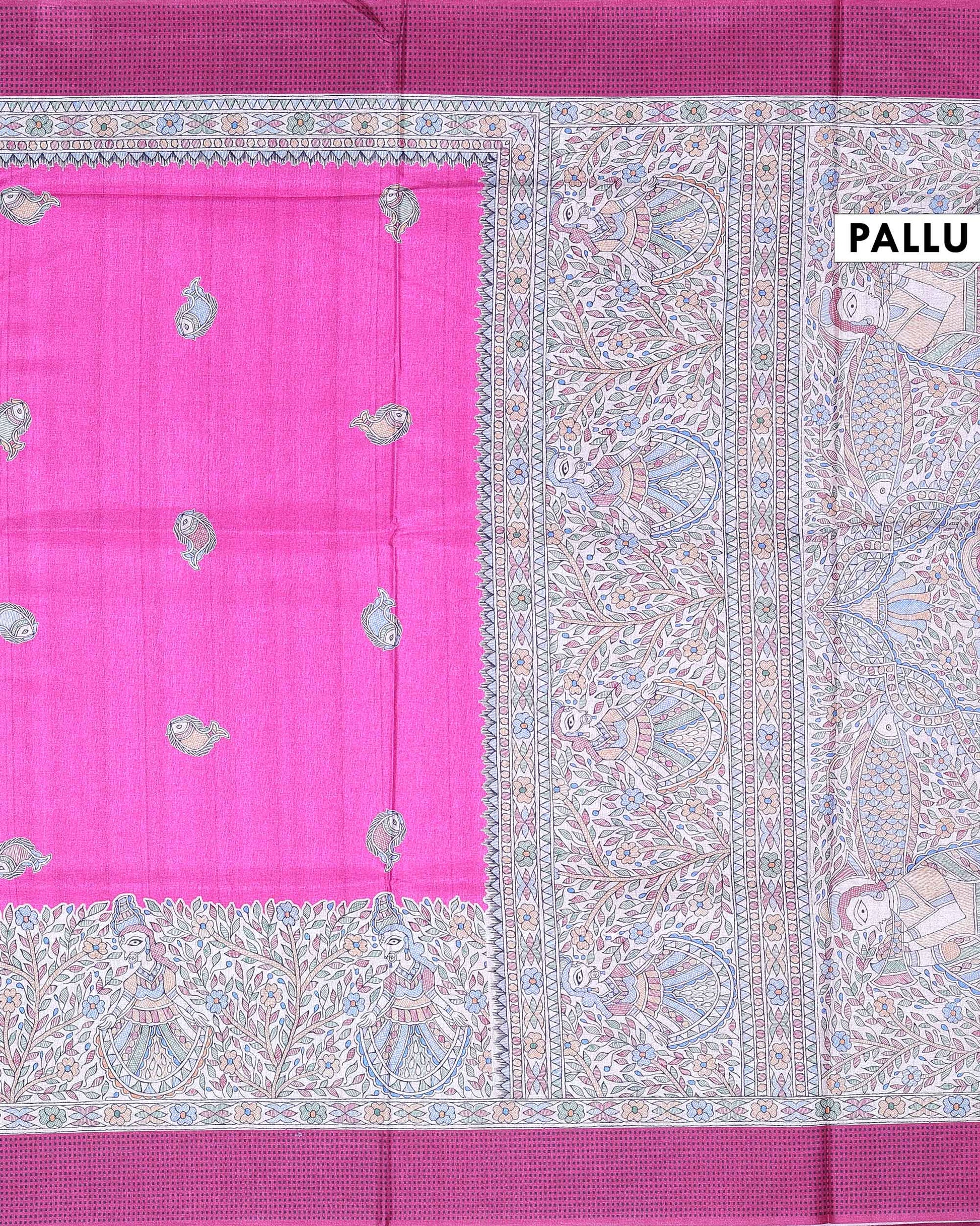 Elegant Semi Tussar Saree with Intricate Fish Motifs and Traditional Figurative Floral Border - Pallu
