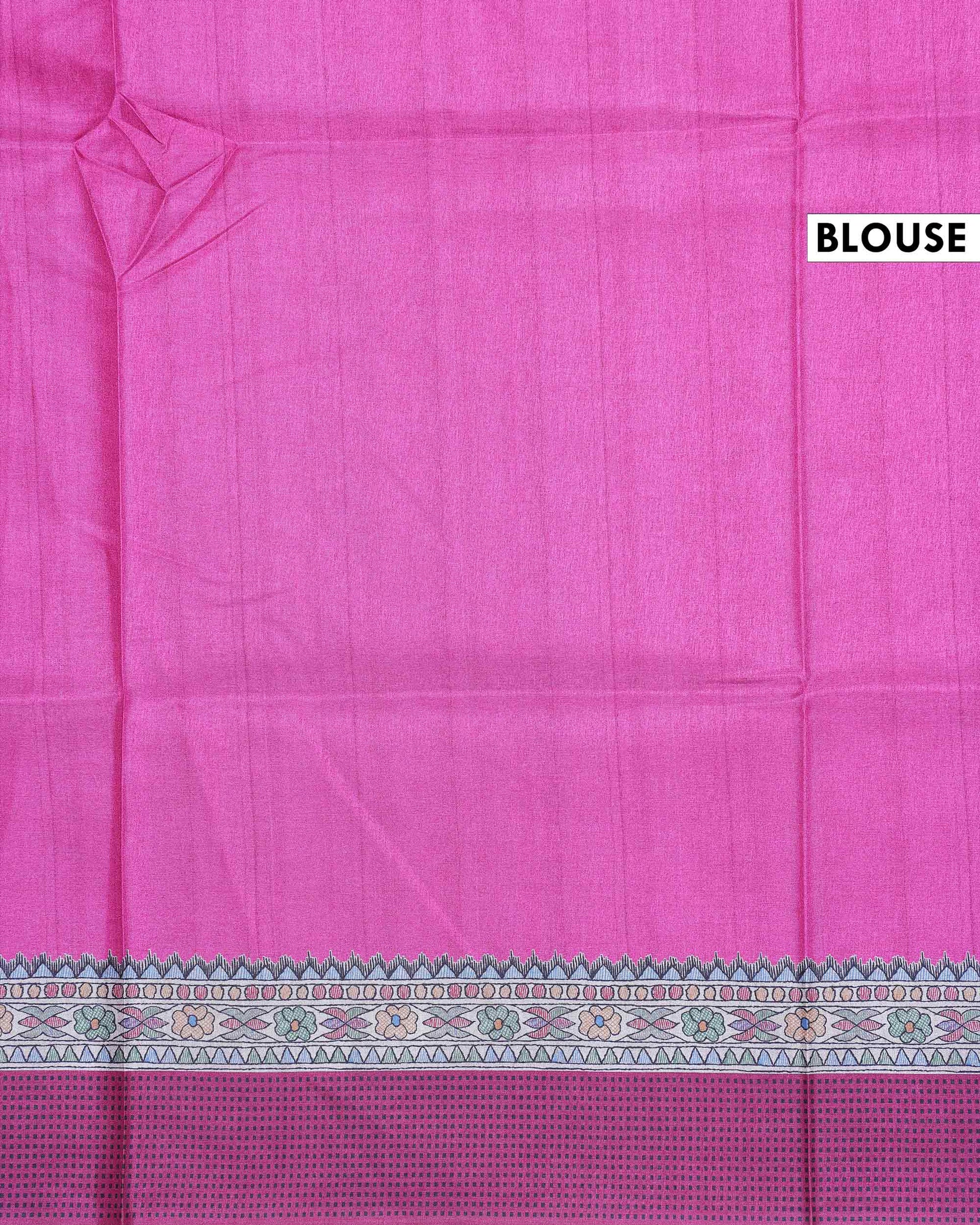 Elegant Semi Tussar Saree with Intricate Fish Motifs and Traditional Figurative Floral Border - Rani Pink-Blouse