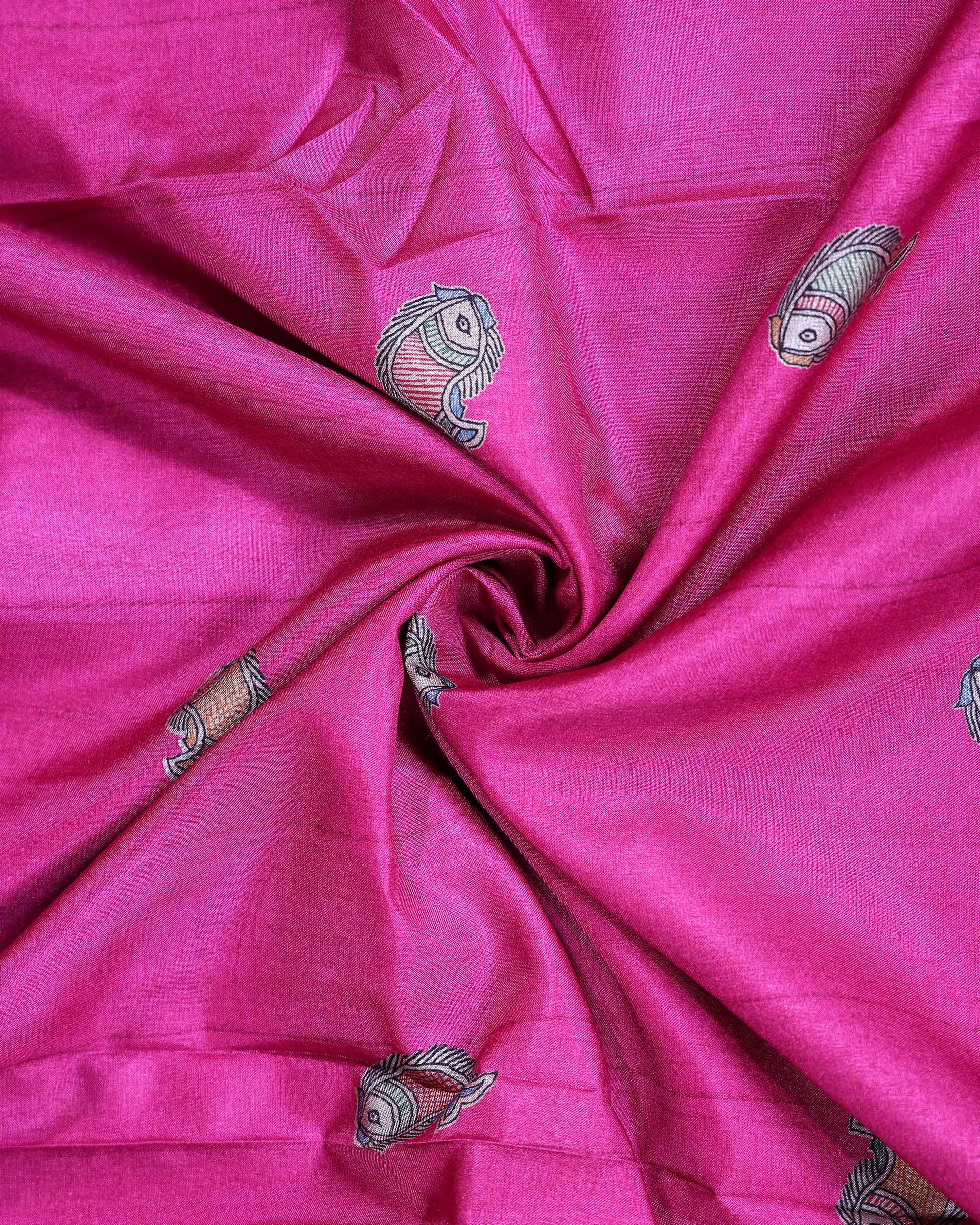Elegant Semi Tussar Saree with Intricate Fish Motifs and Traditional Figurative Floral Border - Rani Pink-Close Up