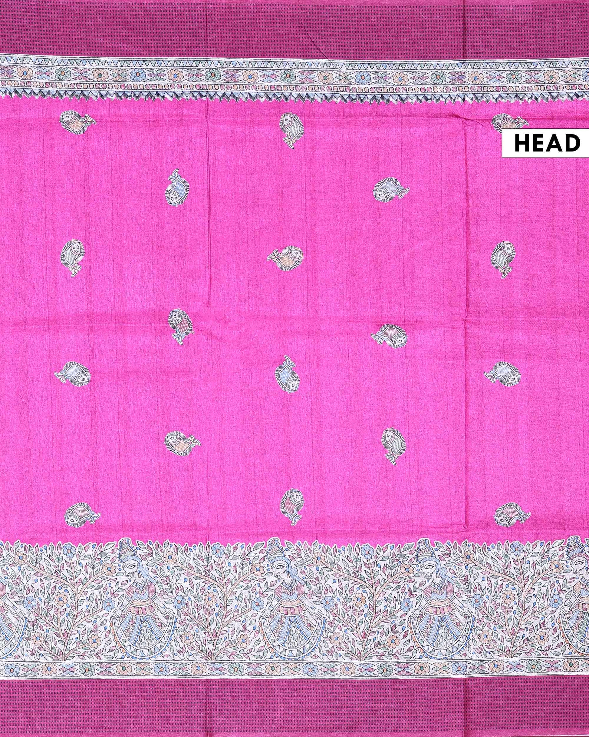 Elegant Semi Tussar Saree with Intricate Fish Motifs and Traditional Figurative Floral Border - Rani Pink-Head