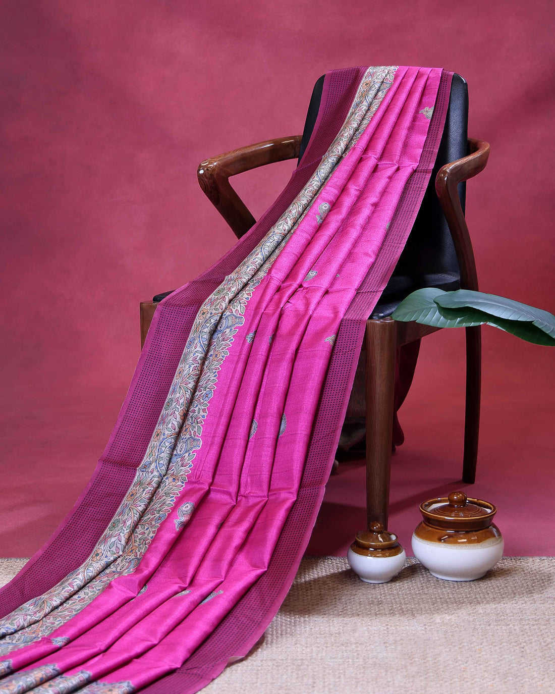 Elegant Semi Tussar Saree with Intricate Fish Motifs and Traditional Figurative Floral Border - Rani Pink