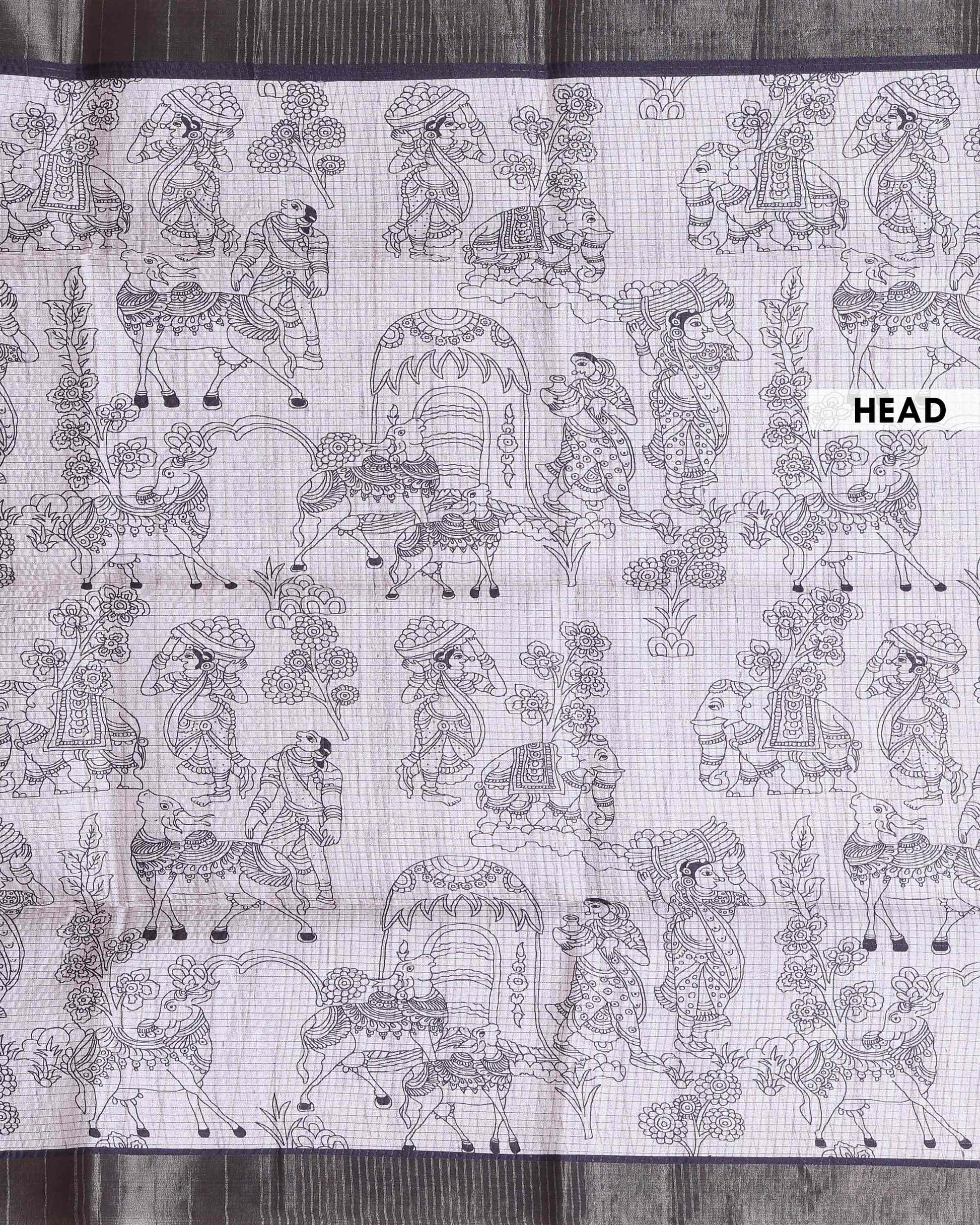 Elegant Semi Tussar Saree with Intricate Line Art Print and Classic Woven Border - Off White-Head