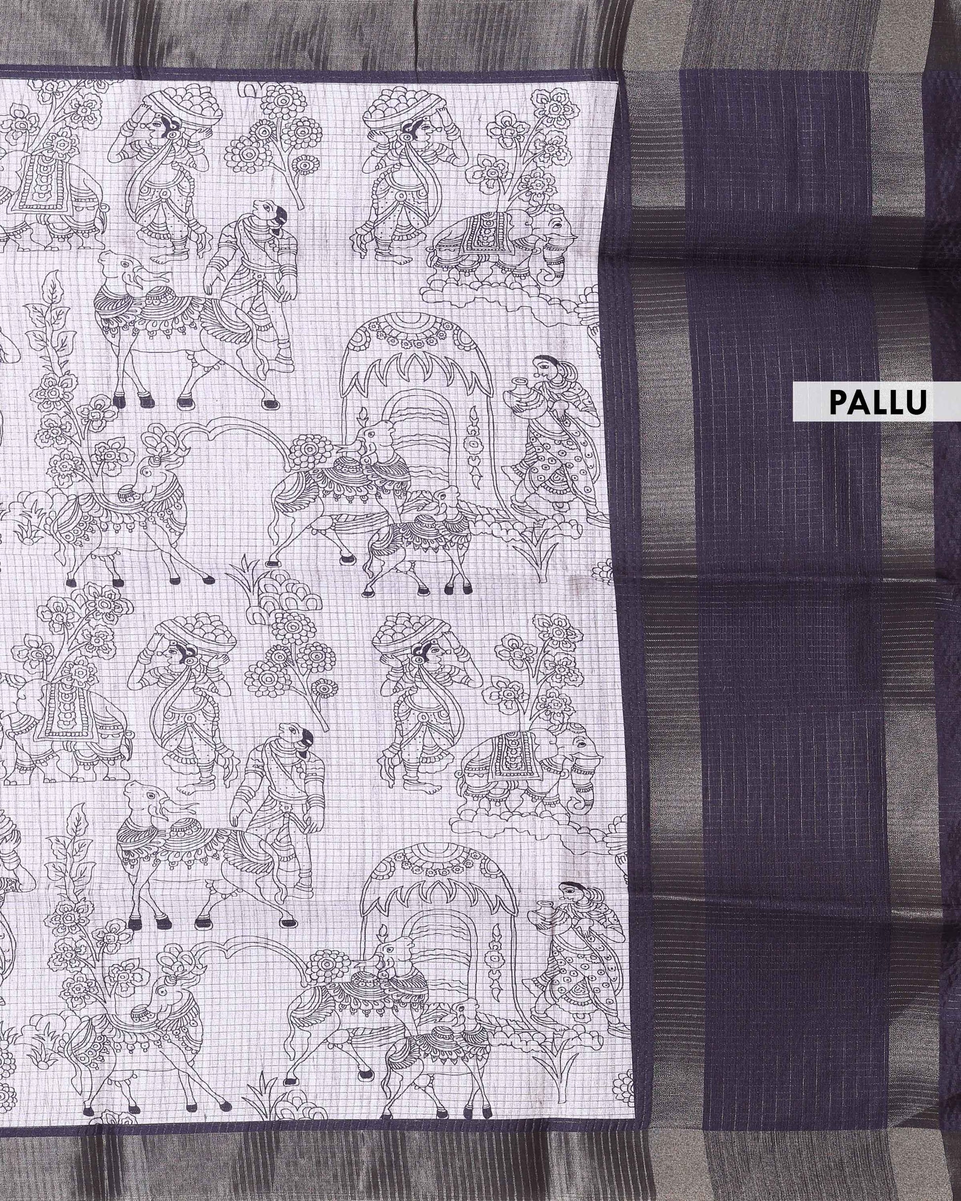 Elegant Semi Tussar Saree with Intricate Line Art Print and Classic Woven Border - Off White-Pallu