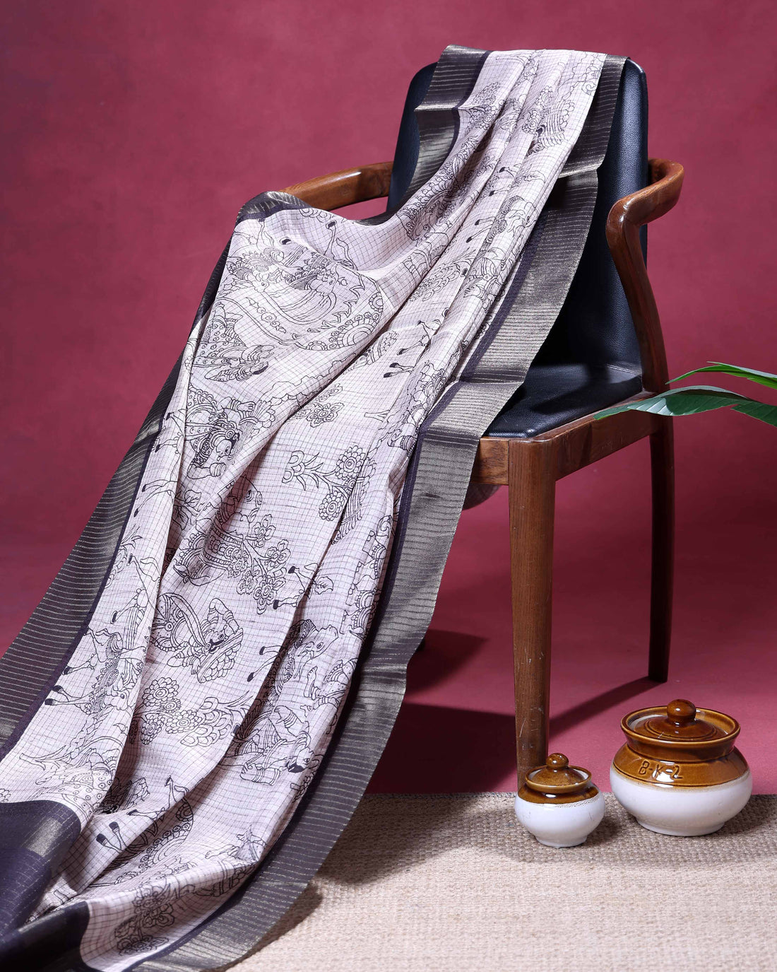 Elegant Semi Tussar Saree with Intricate Line Art Print and Classic Woven Border - Off White