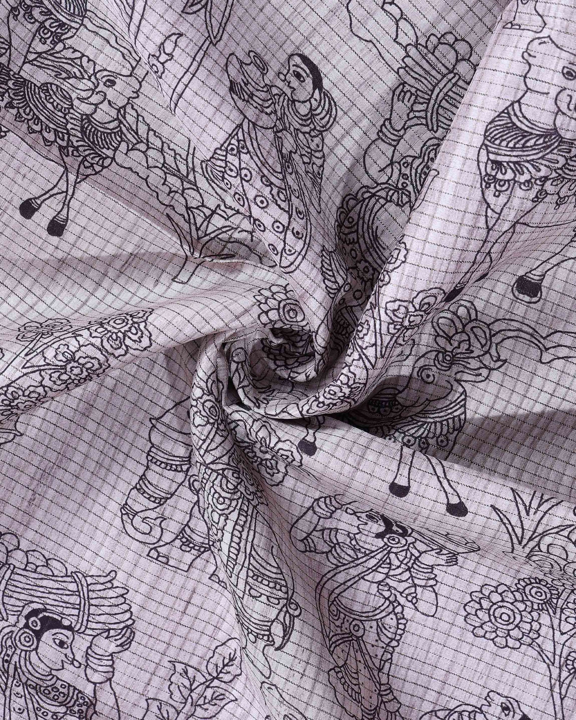 Elegant Semi Tussar Saree with Intricate Line Art Print and Classic Woven Border - Off White -Close Up