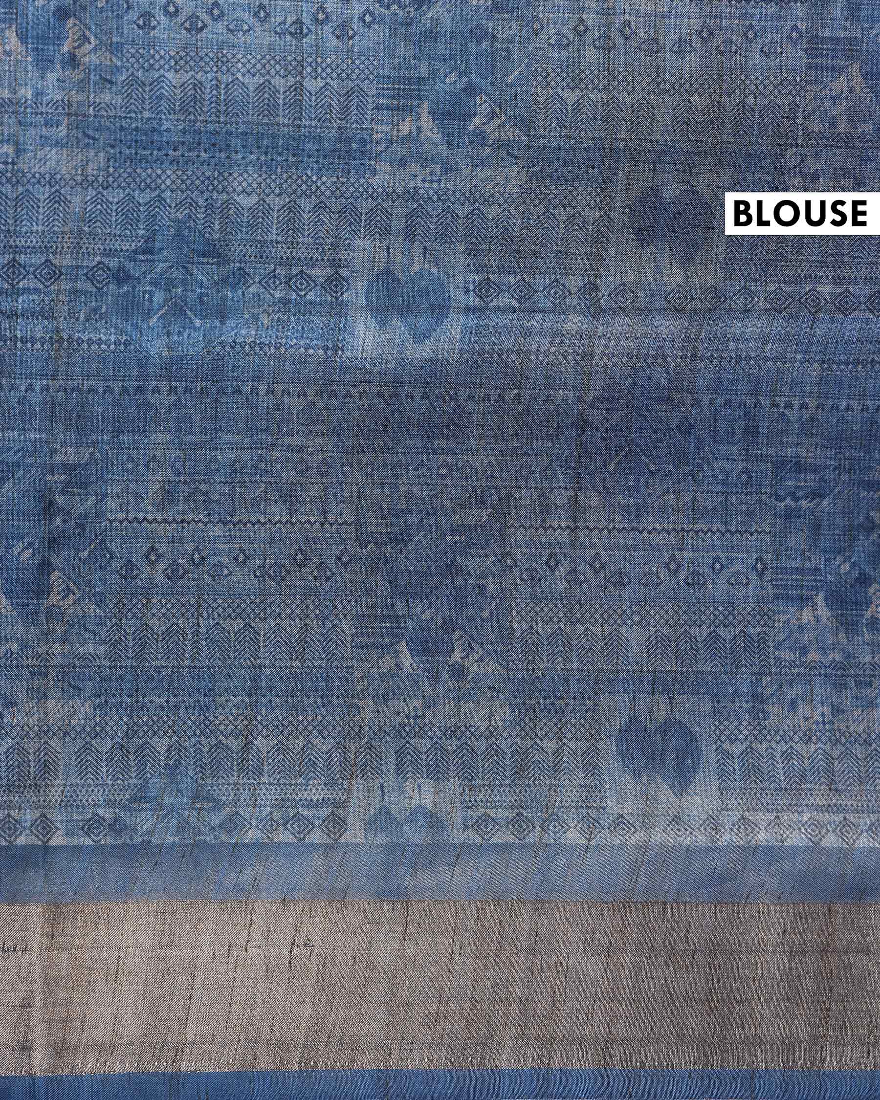 Elegant Semi Tussar Saree with Jaal Inspired Motifs and Zari Woven Border - Blue-Blouse