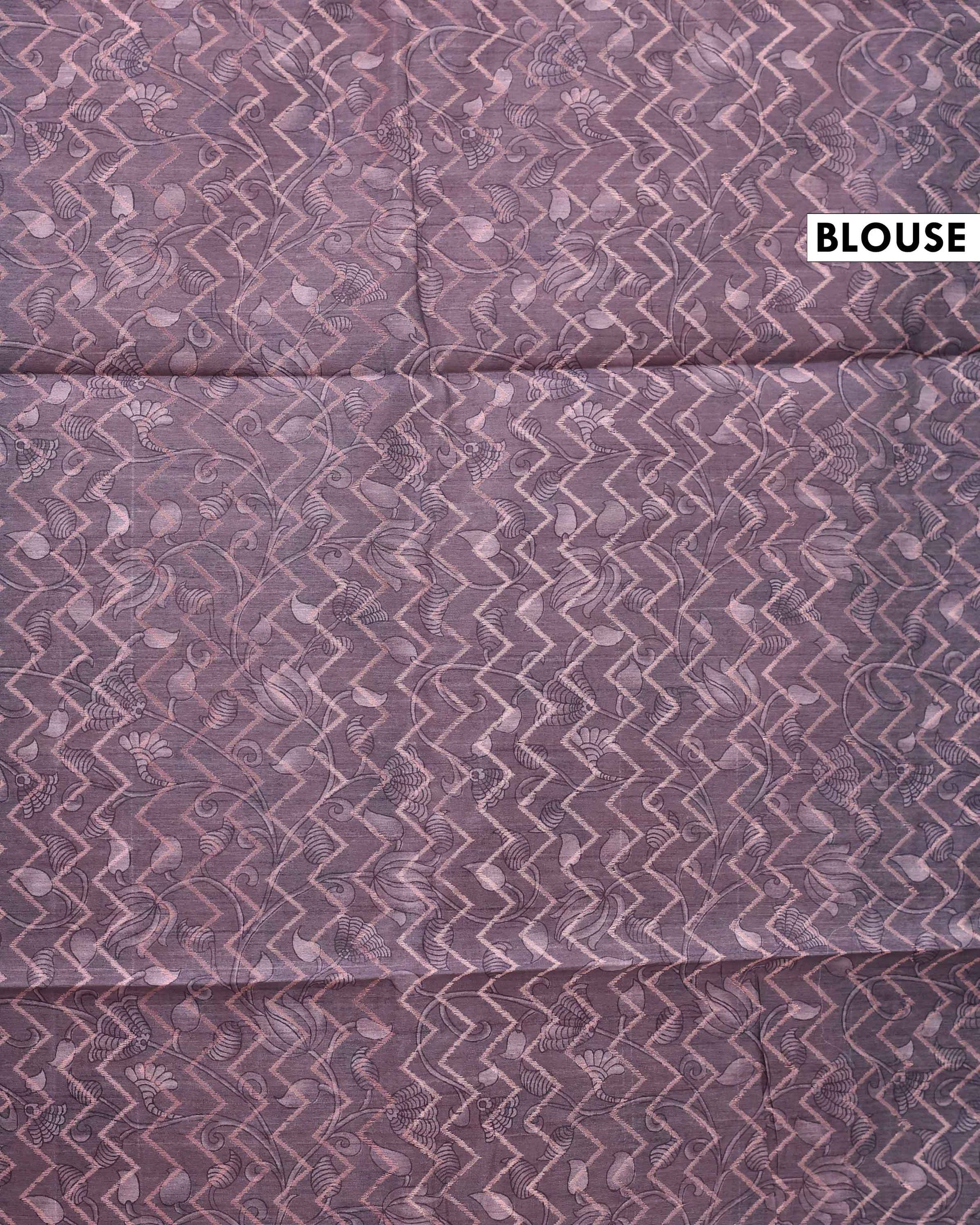 Elegant Semi Tussar Saree with Kalamkari Inspired Floral Motifs Chevron Patterned Body and Woven Border - Blouse