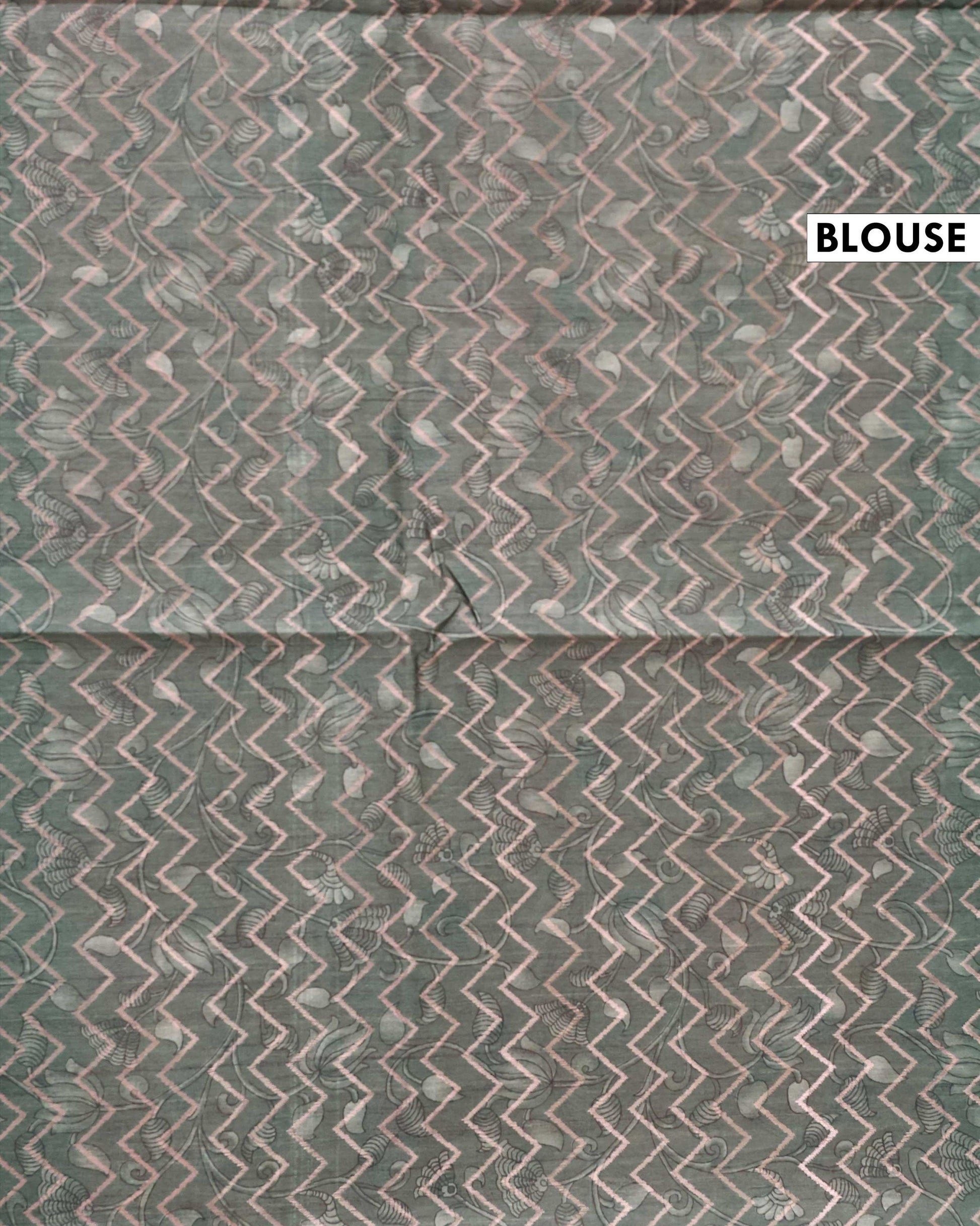 Elegant Semi Tussar Saree with Kalamkari Inspired Floral Motifs Chevron Patterned Body and Woven Border - Green-Blouse
