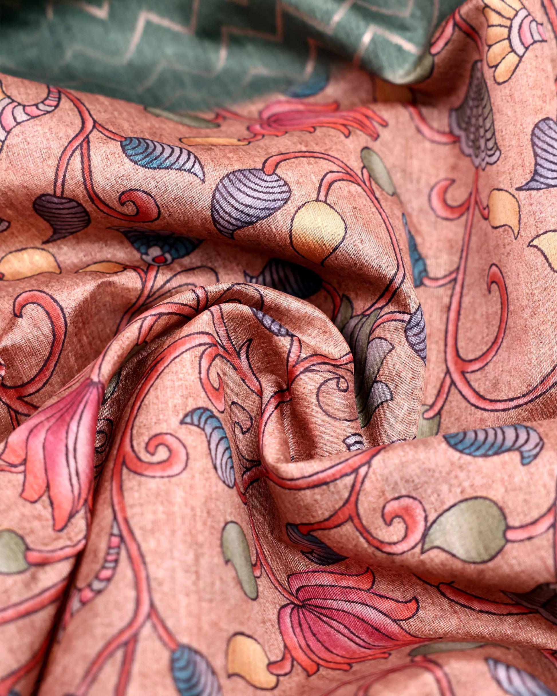 Elegant Semi Tussar Saree with Kalamkari Inspired Floral Motifs Chevron Patterned Body and Woven Border - Peach-Close Up