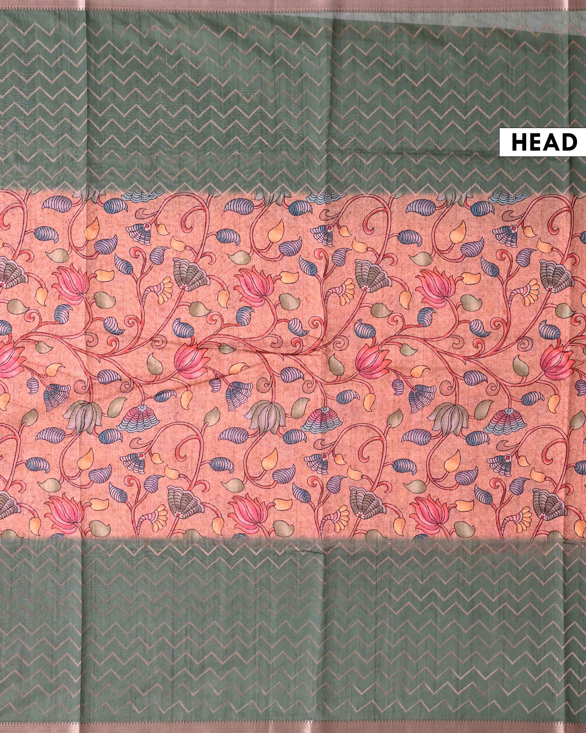 Elegant Semi Tussar Saree with Kalamkari Inspired Floral Motifs Chevron Patterned Body and Woven Border - Peach-Head