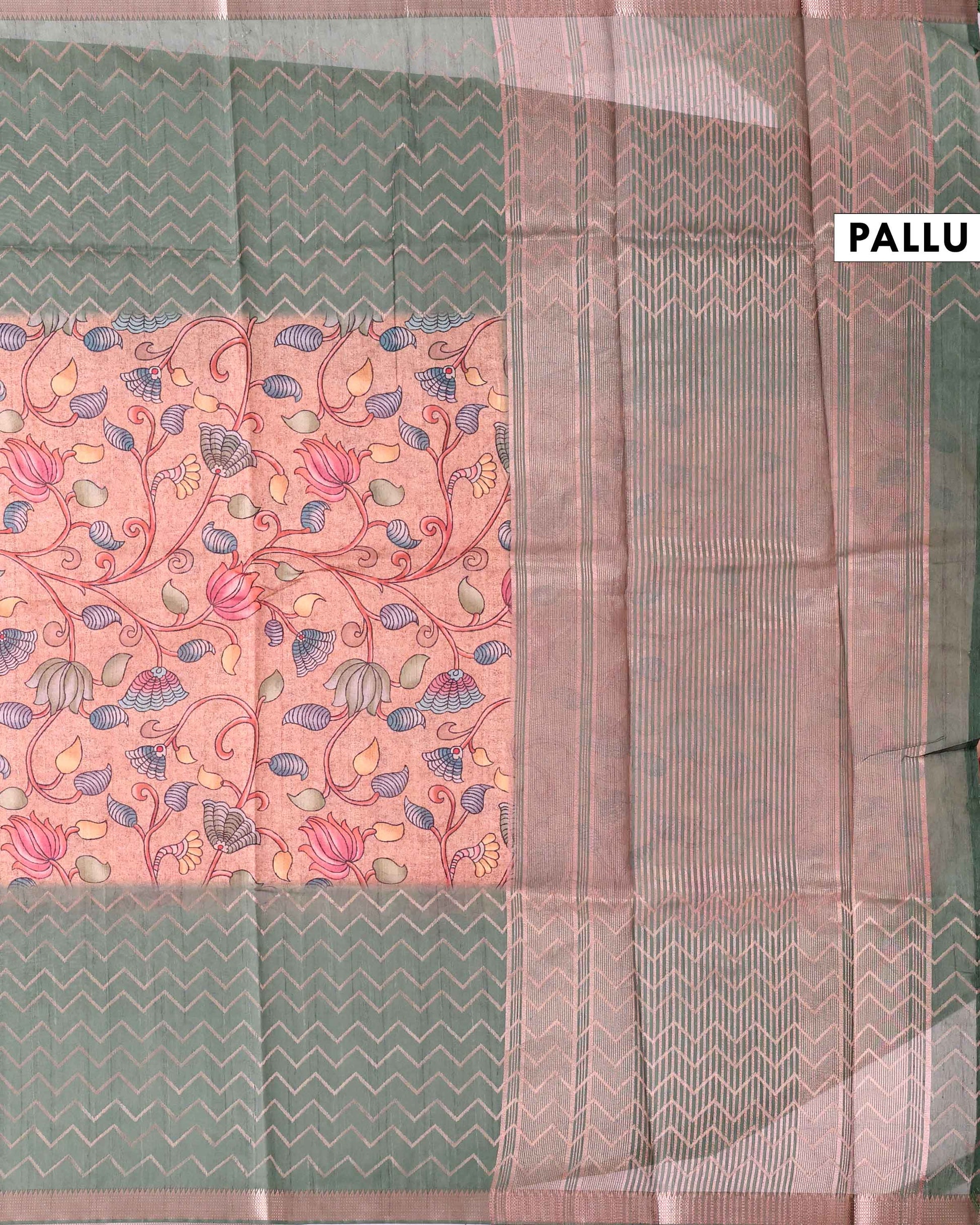Elegant Semi Tussar Saree with Kalamkari Inspired Floral Motifs Chevron Patterned Body and Woven Border - Peach-Pallu