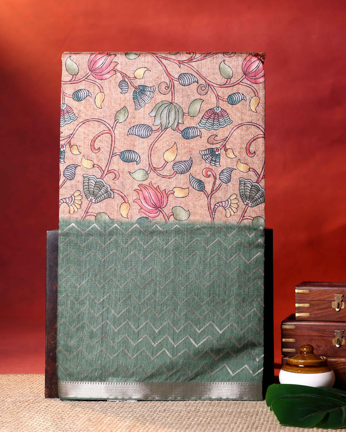 Elegant Semi Tussar Saree with Kalamkari Inspired Floral Motifs Chevron Patterned Body and Woven Border - Peach
