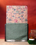 Elegant Semi Tussar Saree with Kalamkari Inspired Floral Motifs Chevron Patterned Body and Woven Border - Peach