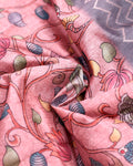 Elegant Semi Tussar Saree with Kalamkari Inspired Floral Motifs Chevron Patterned Body and Woven Border - Pink-Close Up