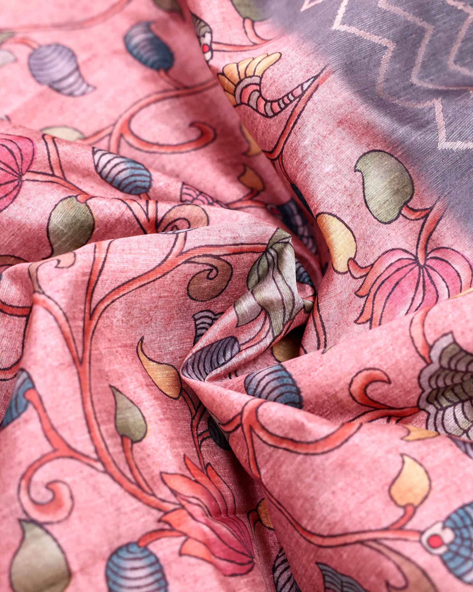 Elegant Semi Tussar Saree with Kalamkari Inspired Floral Motifs Chevron Patterned Body and Woven Border - Pink-Close Up