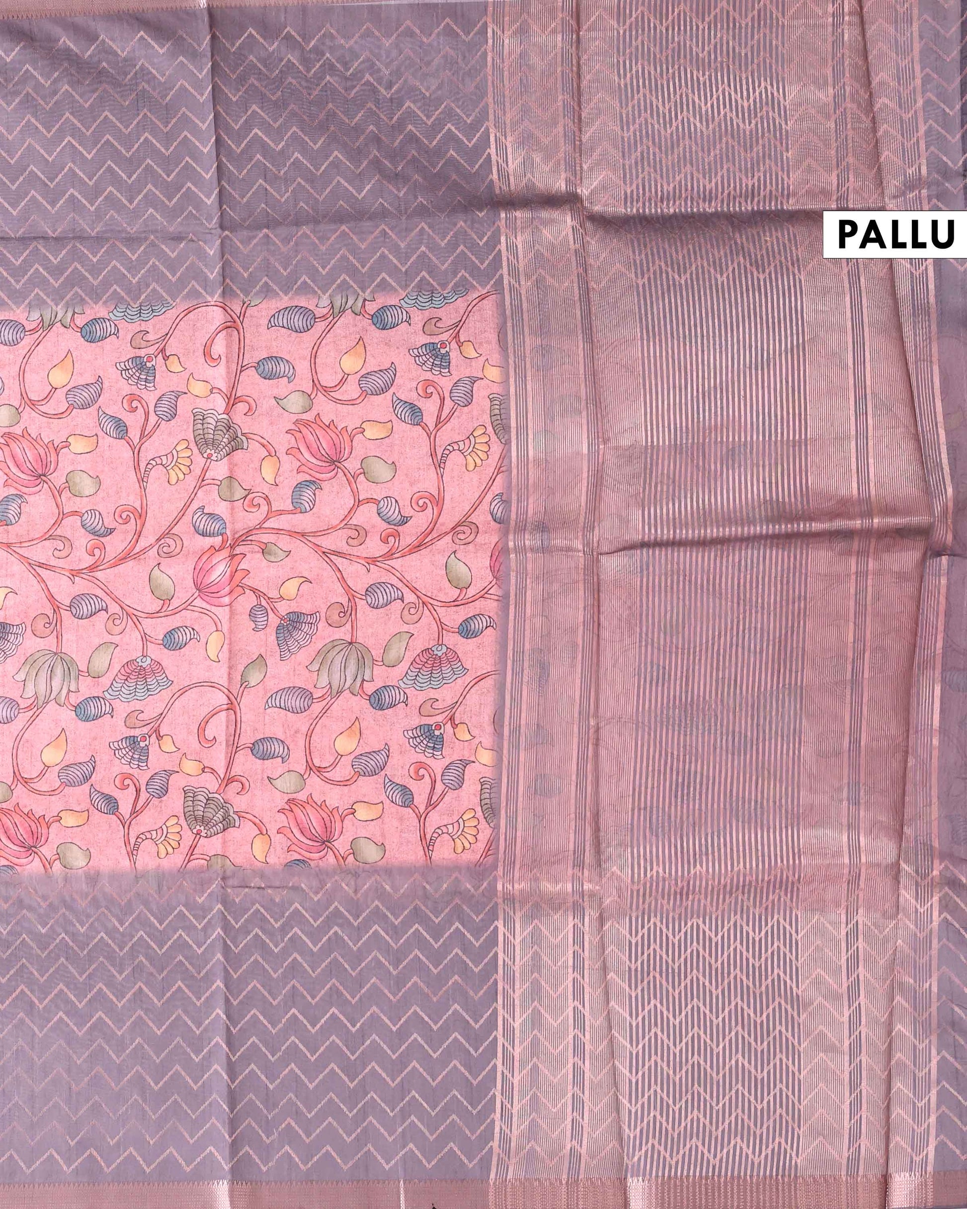 Elegant Semi Tussar Saree with Kalamkari Inspired Floral Motifs Chevron Patterned Body and Woven Border - Pink-Pallu
