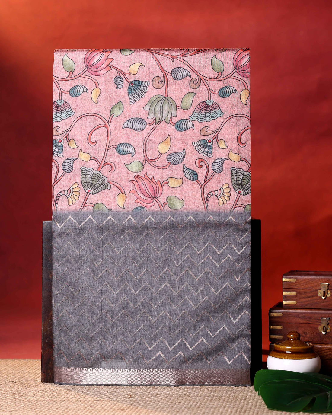 Elegant Semi Tussar Saree with Kalamkari Inspired Floral Motifs Chevron Patterned Body and Woven Border - Pink