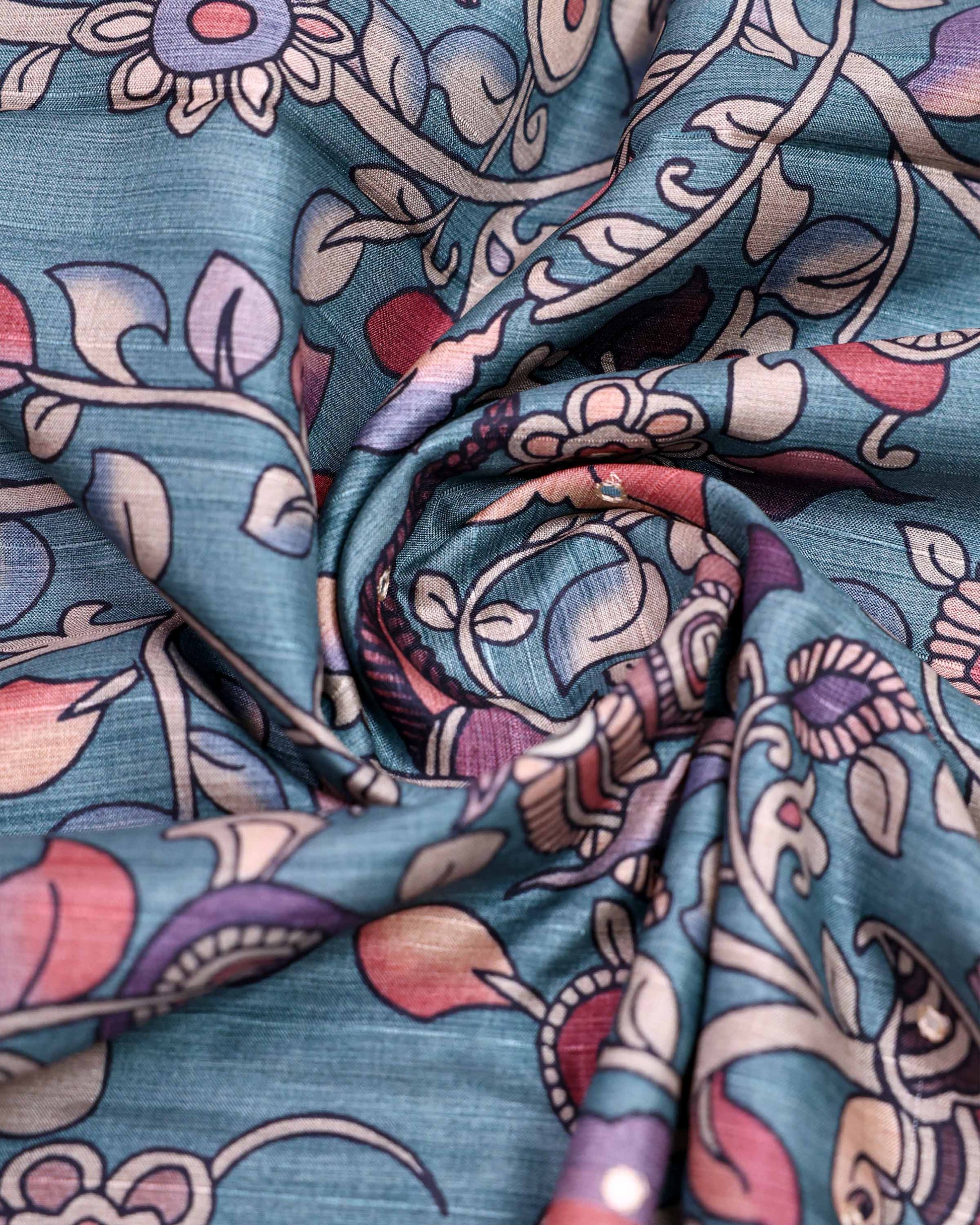 Elegant Semi Tussar Saree with Kalamkari Inspired Floral and Peacock Motifs with Decorative Woven Border - Green-Close Up