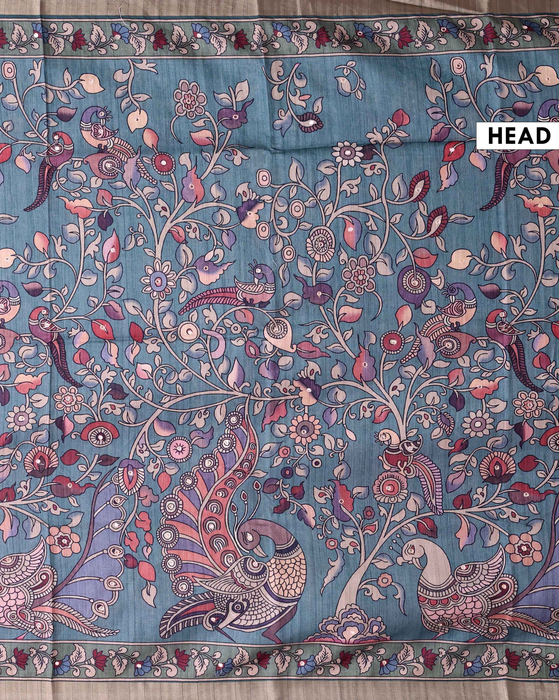 Elegant Semi Tussar Saree with Kalamkari Inspired Floral and Peacock Motifs with Decorative Woven Border - Green-Head