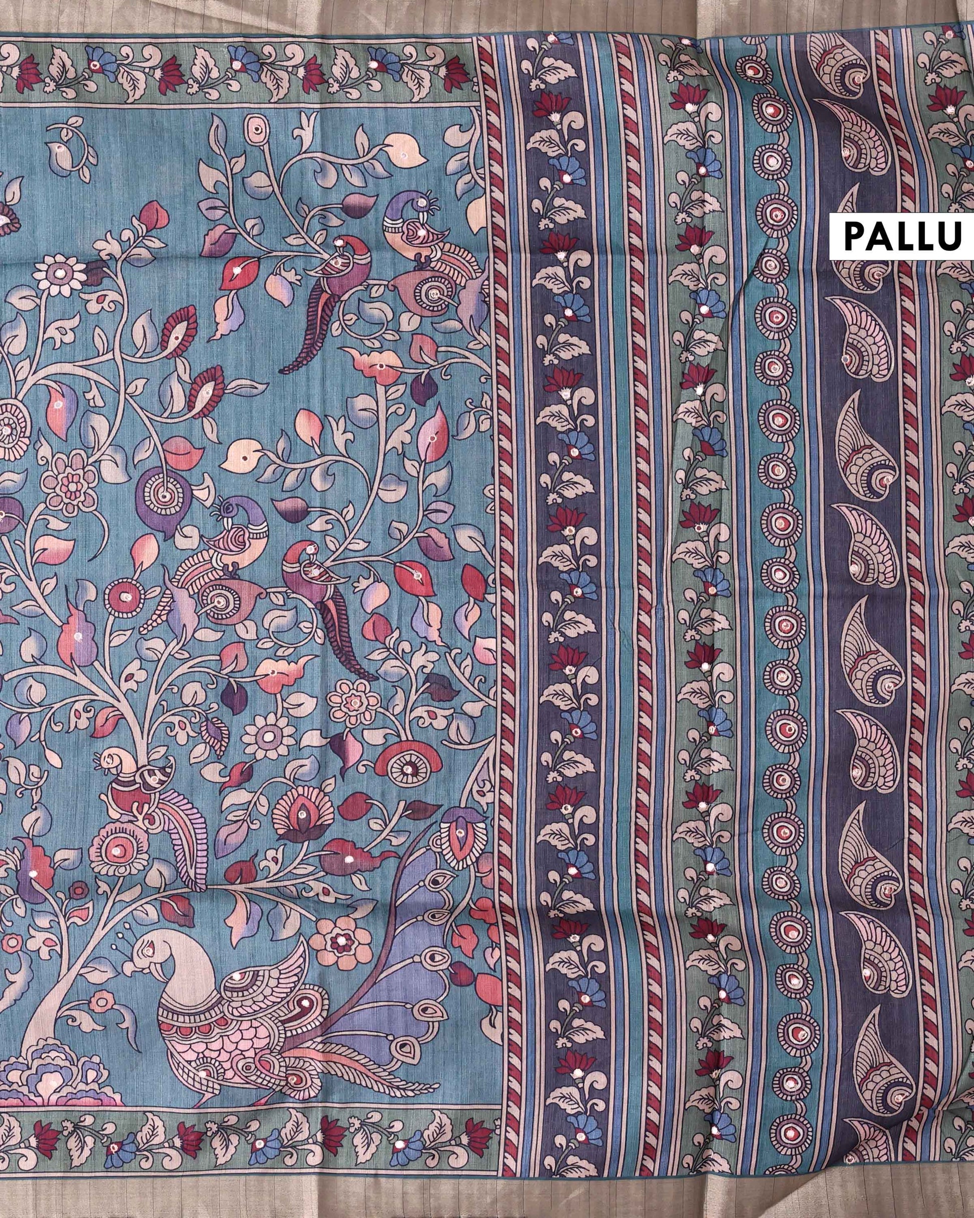 Elegant Semi Tussar Saree with Kalamkari Inspired Floral and Peacock Motifs with Decorative Woven Border - Green-Pallu