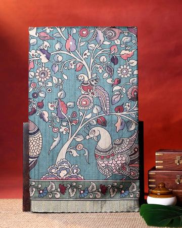Elegant Semi Tussar Saree with Kalamkari Inspired Floral and Peacock Motifs with Decorative Woven Border - Green