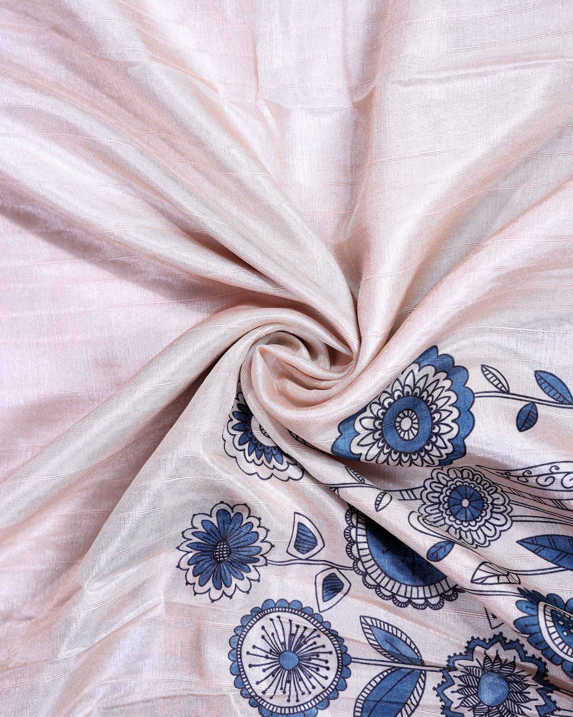 Elegant Semi Tussar Saree with Minimal Floral Motif Print and Contrast Border - Cream-Close Up