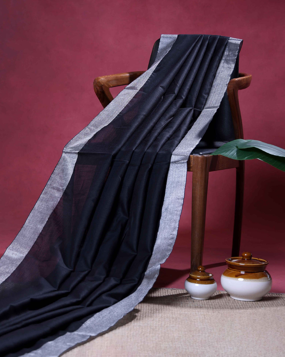 Elegant Semi Tussar Saree with Plain Lustrous Body and Rich Silver Zari Woven Border Design - Black