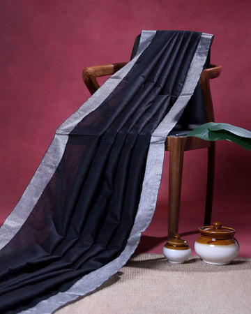 Elegant Semi Tussar Saree with Plain Lustrous Body and Rich Silver Zari Woven Border Design - Black