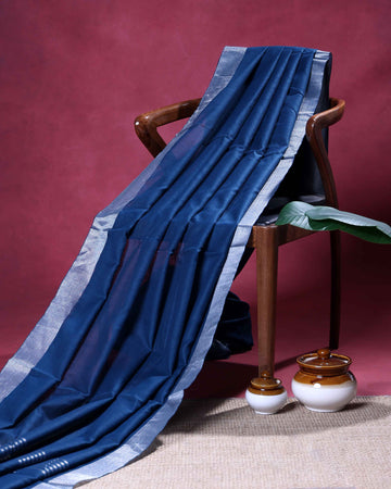 Elegant Semi Tussar Saree with Plain Lustrous Body and Rich Silver Zari Woven Border Design - Blue