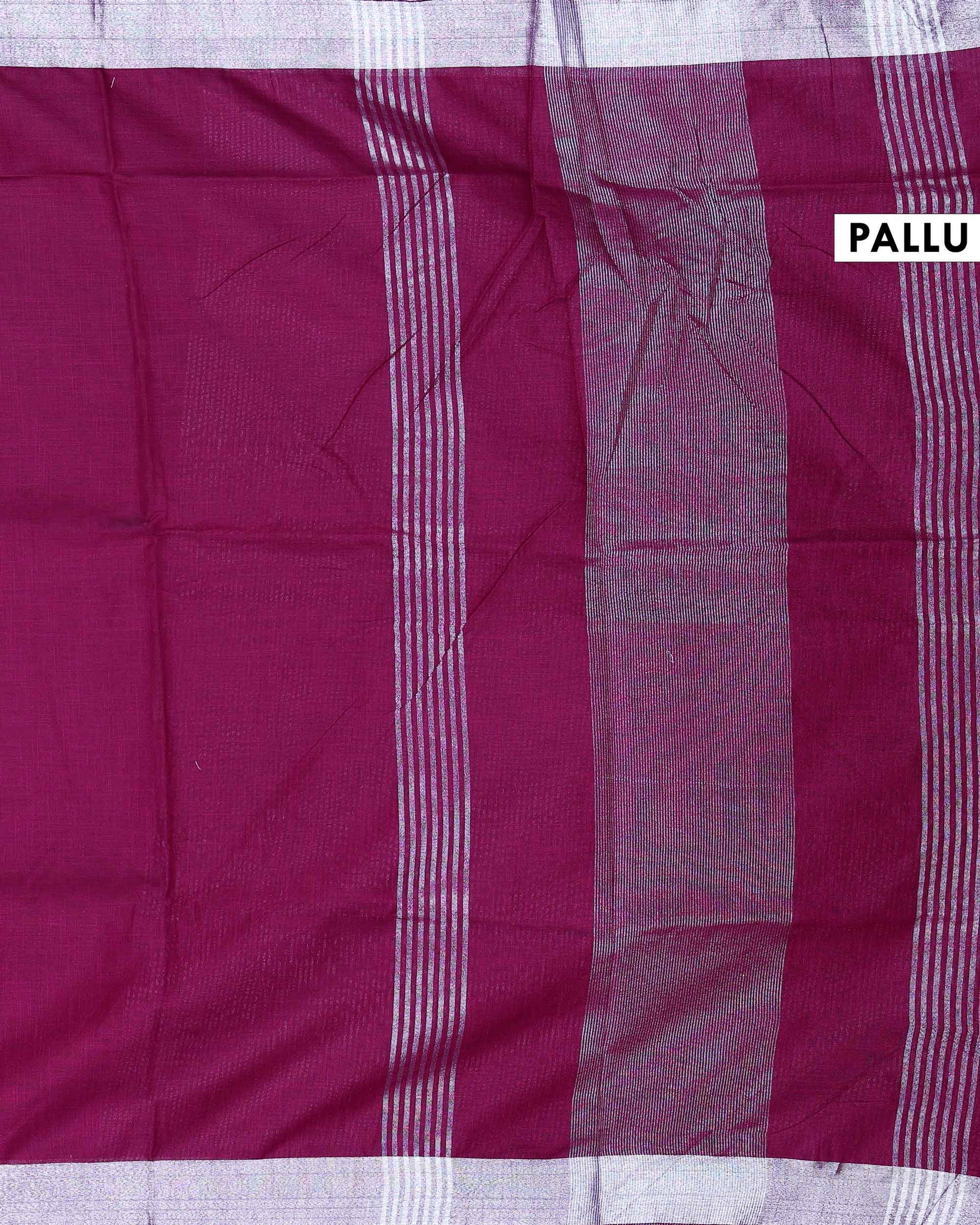 Elegant Semi Tussar Saree with Plain Lustrous Body and Rich Silver Zari Woven Border Design - Dark Magenta-Pallu