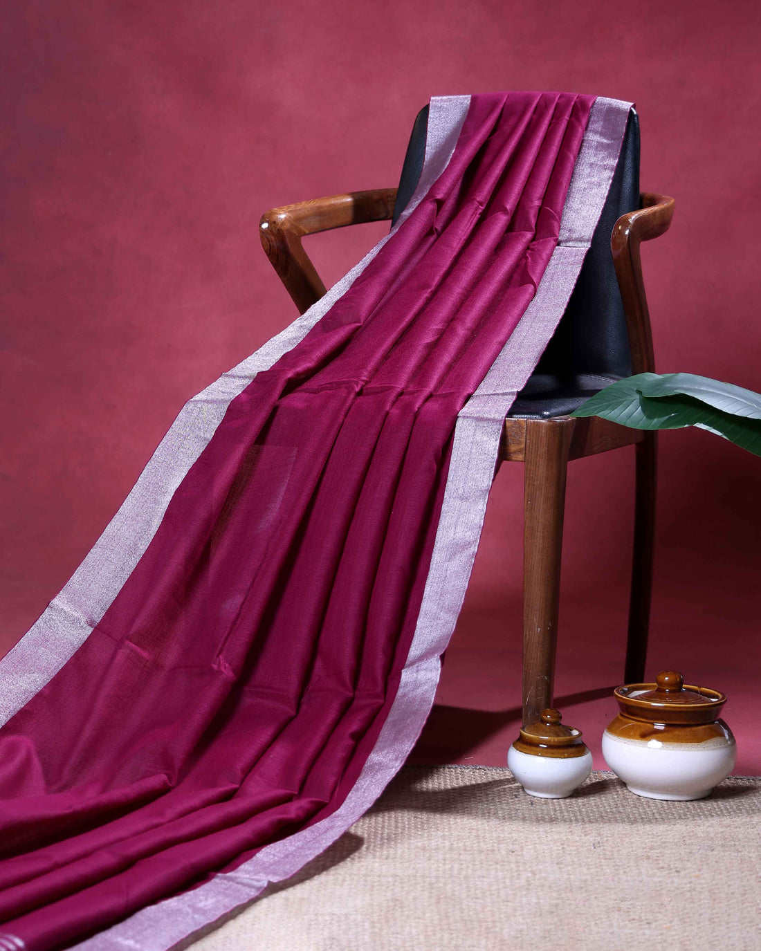 Elegant Semi Tussar Saree with Plain Lustrous Body and Rich Silver Zari Woven Border Design - Dark Magenta
