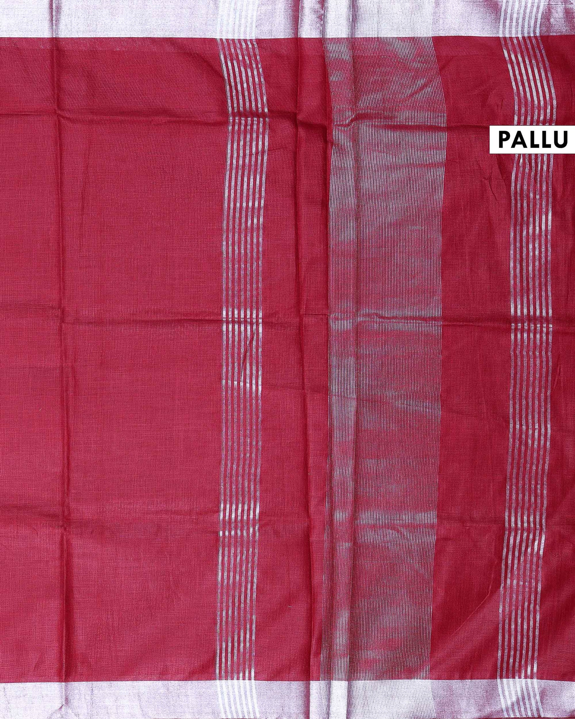 Elegant Semi Tussar Saree with Plain Lustrous Body and Rich Silver Zari Woven Border Design - Red-Pallu