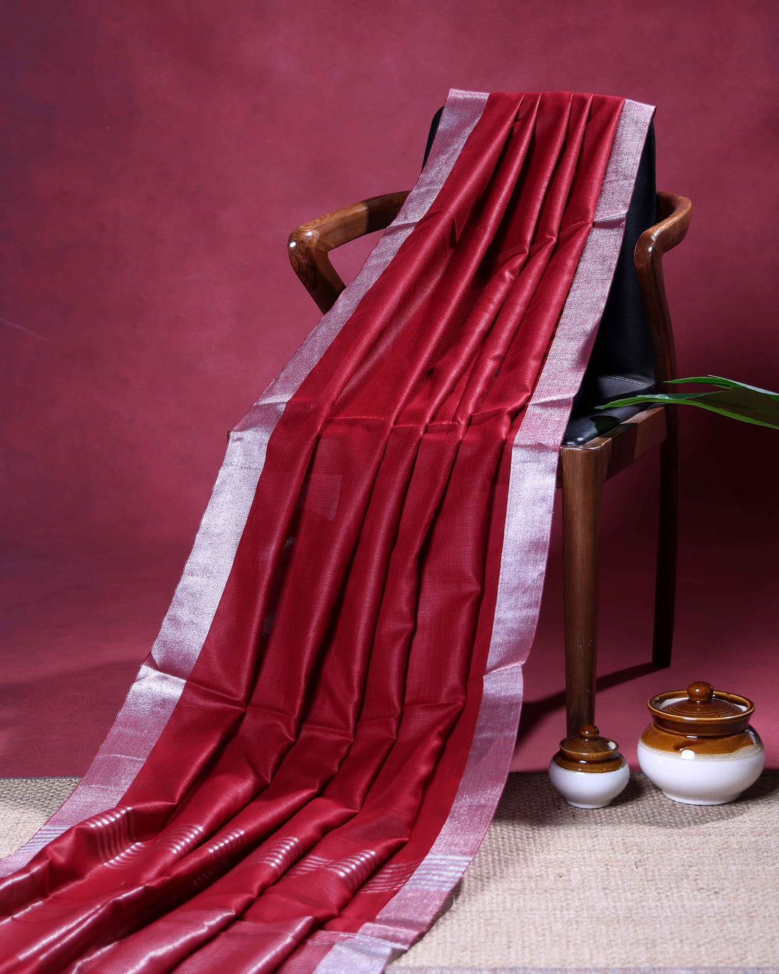Elegant Semi Tussar Saree with Plain Lustrous Body and Rich Silver Zari Woven Border Design - Red