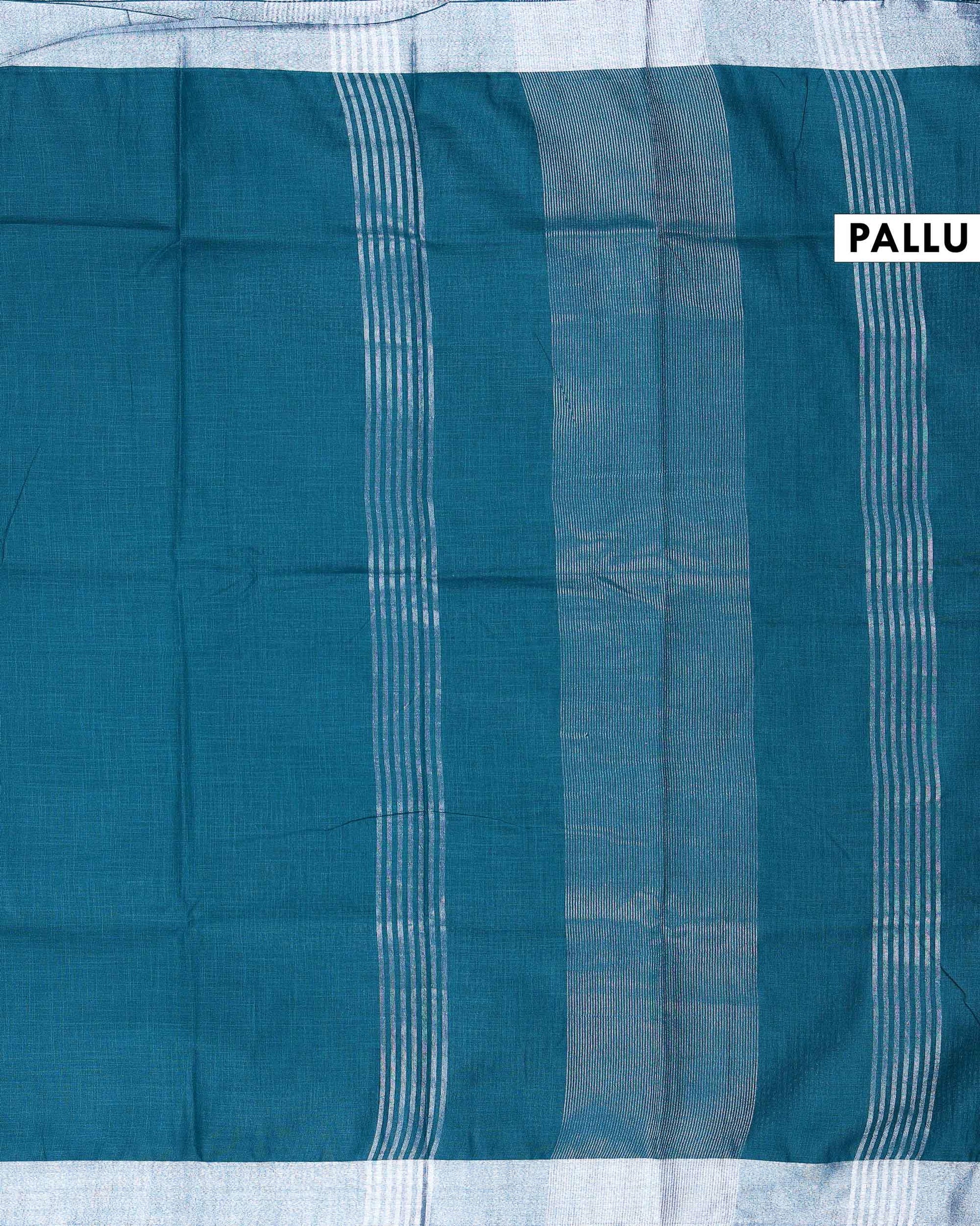 Elegant Semi Tussar Saree with Plain Lustrous Body and Rich Silver Zari Woven Border Design - Teal Blue-Pallu