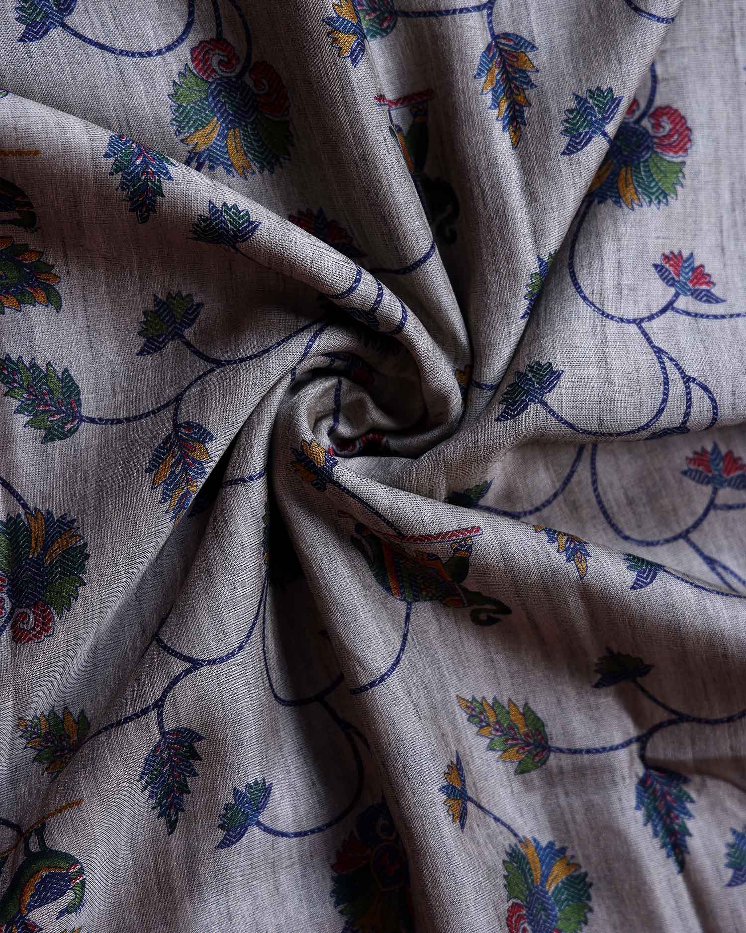 Elegant Semi Tussar Saree with Traditional Elephant & Peacock Motifs Intricate Floral Vine Print and Woven Border - Close Up