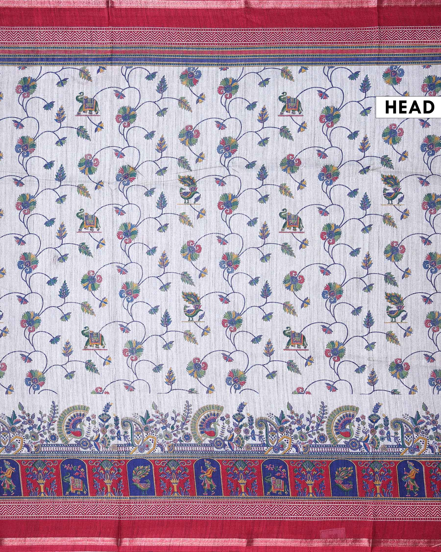 Elegant Semi Tussar Saree with Traditional Elephant & Peacock Motifs Intricate Floral Vine Print and Woven Border - Light Grey-Head