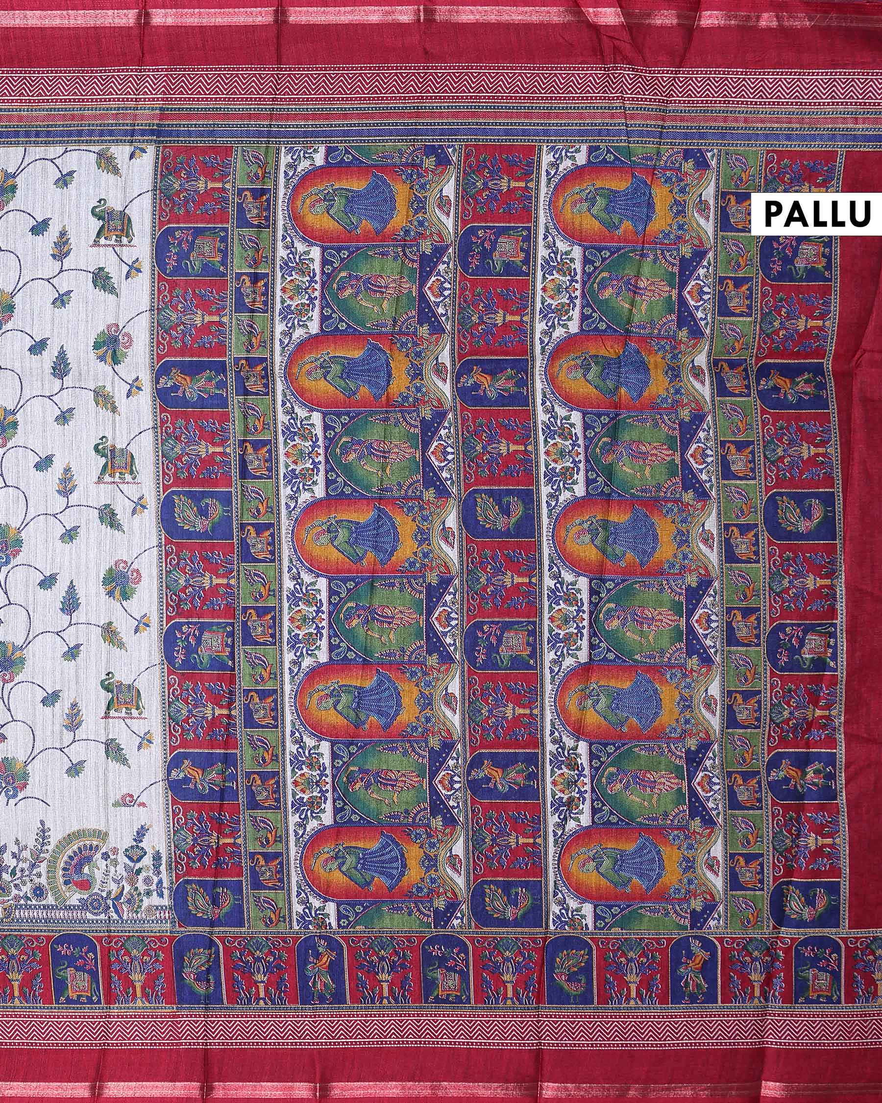 Elegant Semi Tussar Saree with Traditional Elephant & Peacock Motifs Intricate Floral Vine Print and Woven Border - Light Grey-Pallu