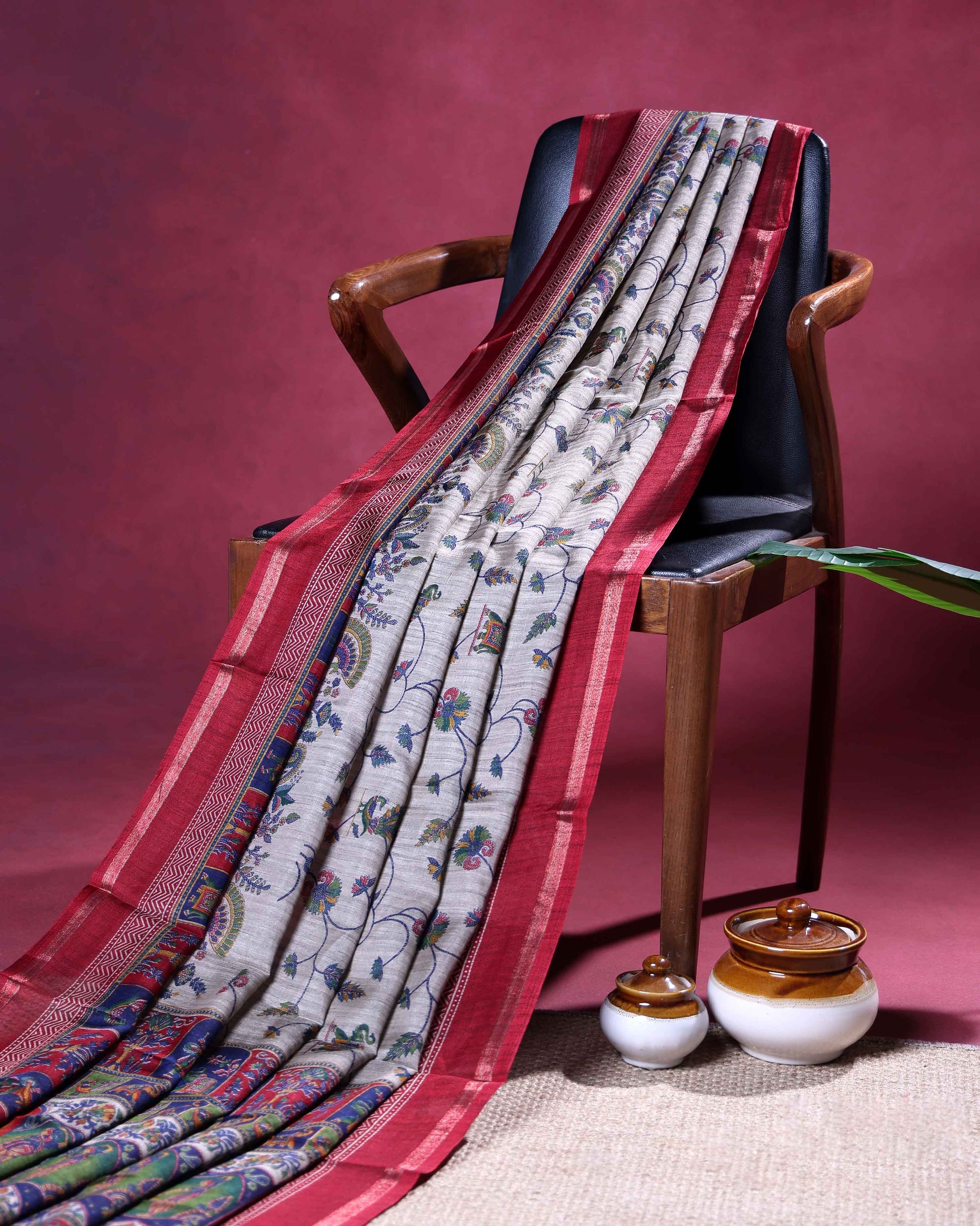 Elegant Semi Tussar Saree with Traditional Elephant & Peacock Motifs Intricate Floral Vine Print and Woven Border - Light Grey