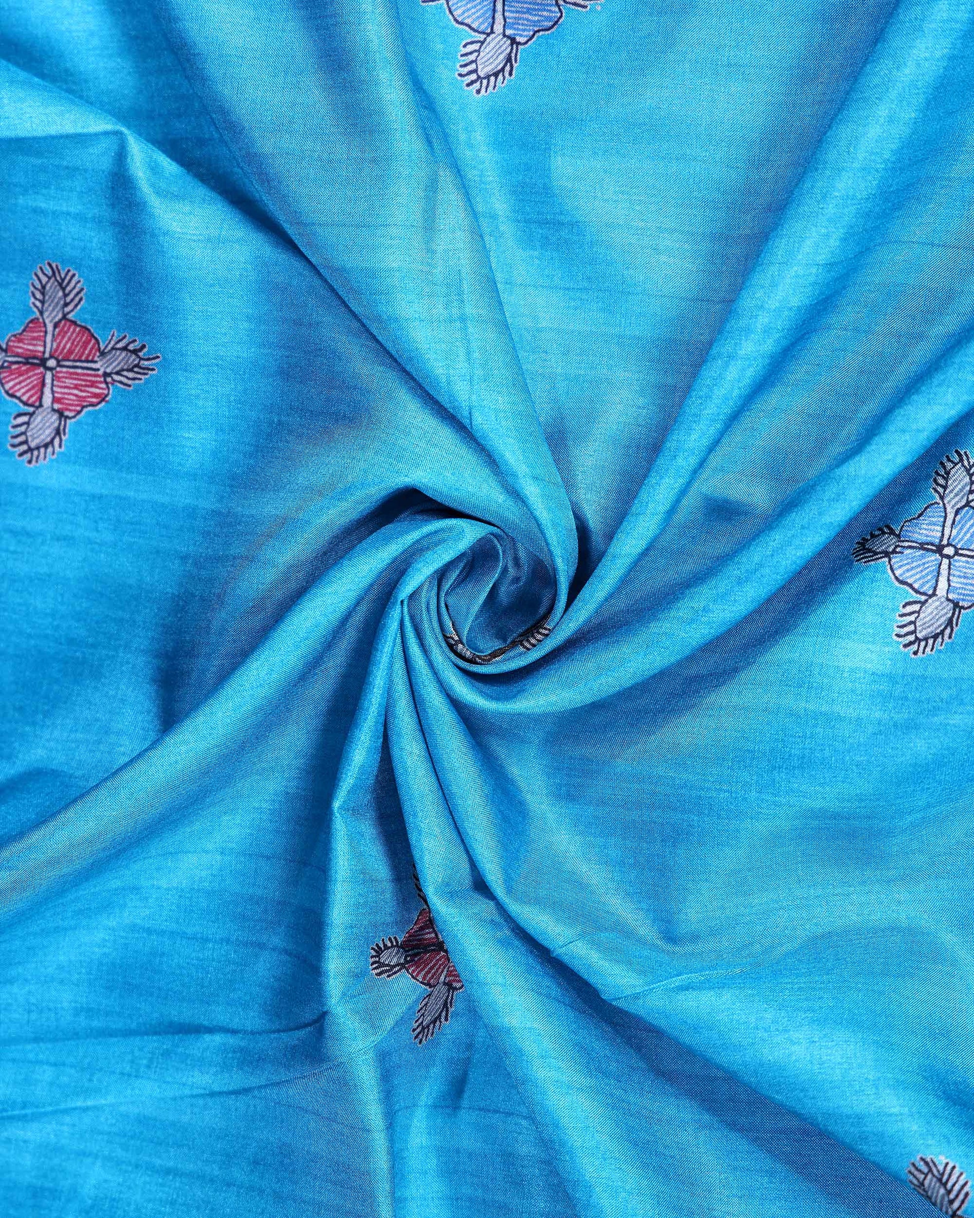 Elegant Semi Tussar Saree with Traditional Floral Buta Motifs and Ornate Paisley Border - Sky Blue-Close Up
