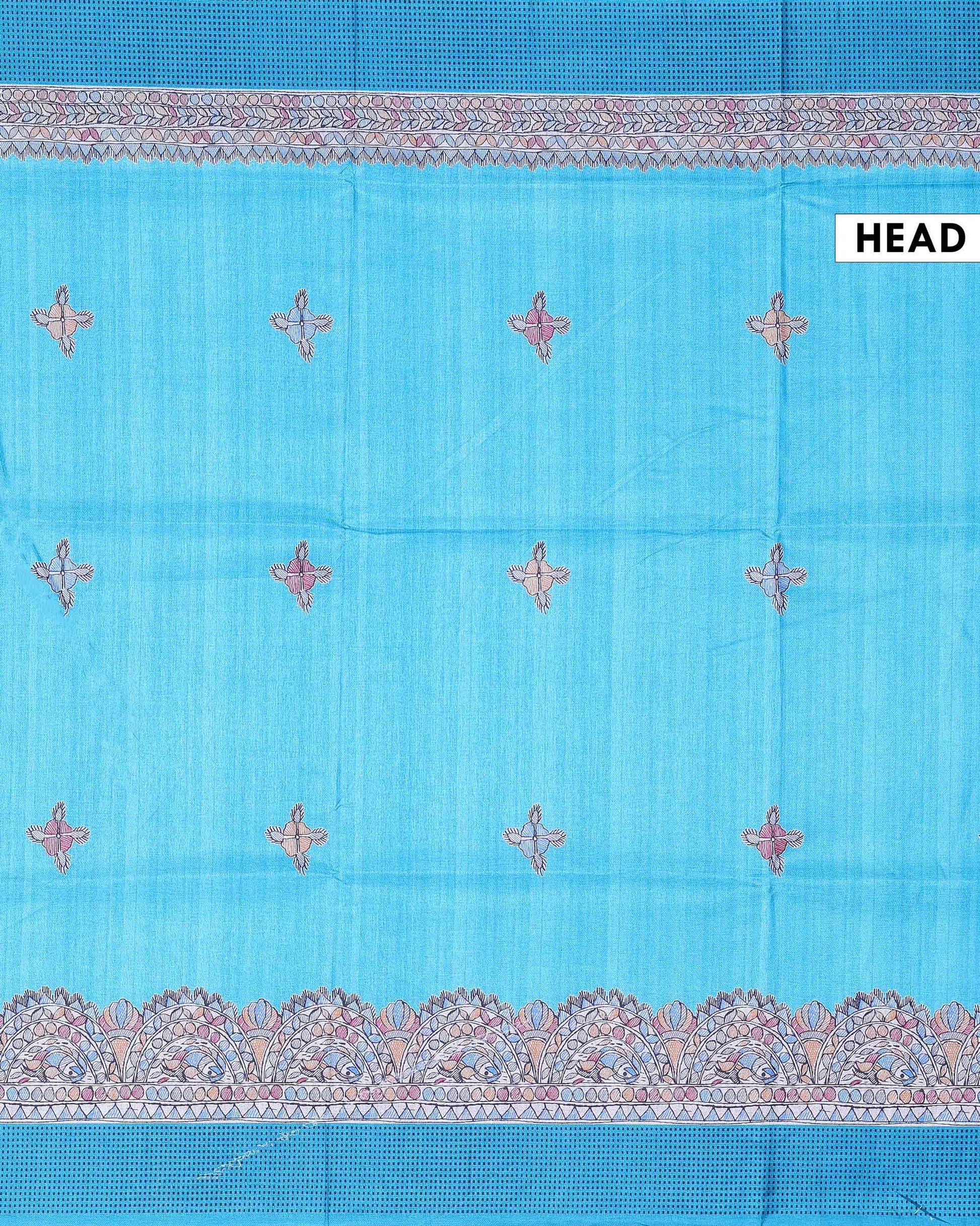 Elegant Semi Tussar Saree with Traditional Floral Buta Motifs and Ornate Paisley Border - Sky Blue-Head