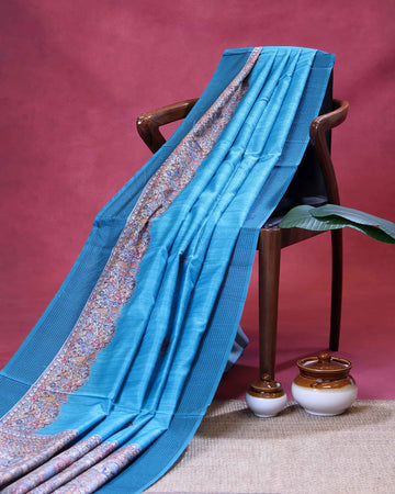 Elegant Semi Tussar Saree with Traditional Floral Buta Motifs and Ornate Paisley Border - Sky Blue