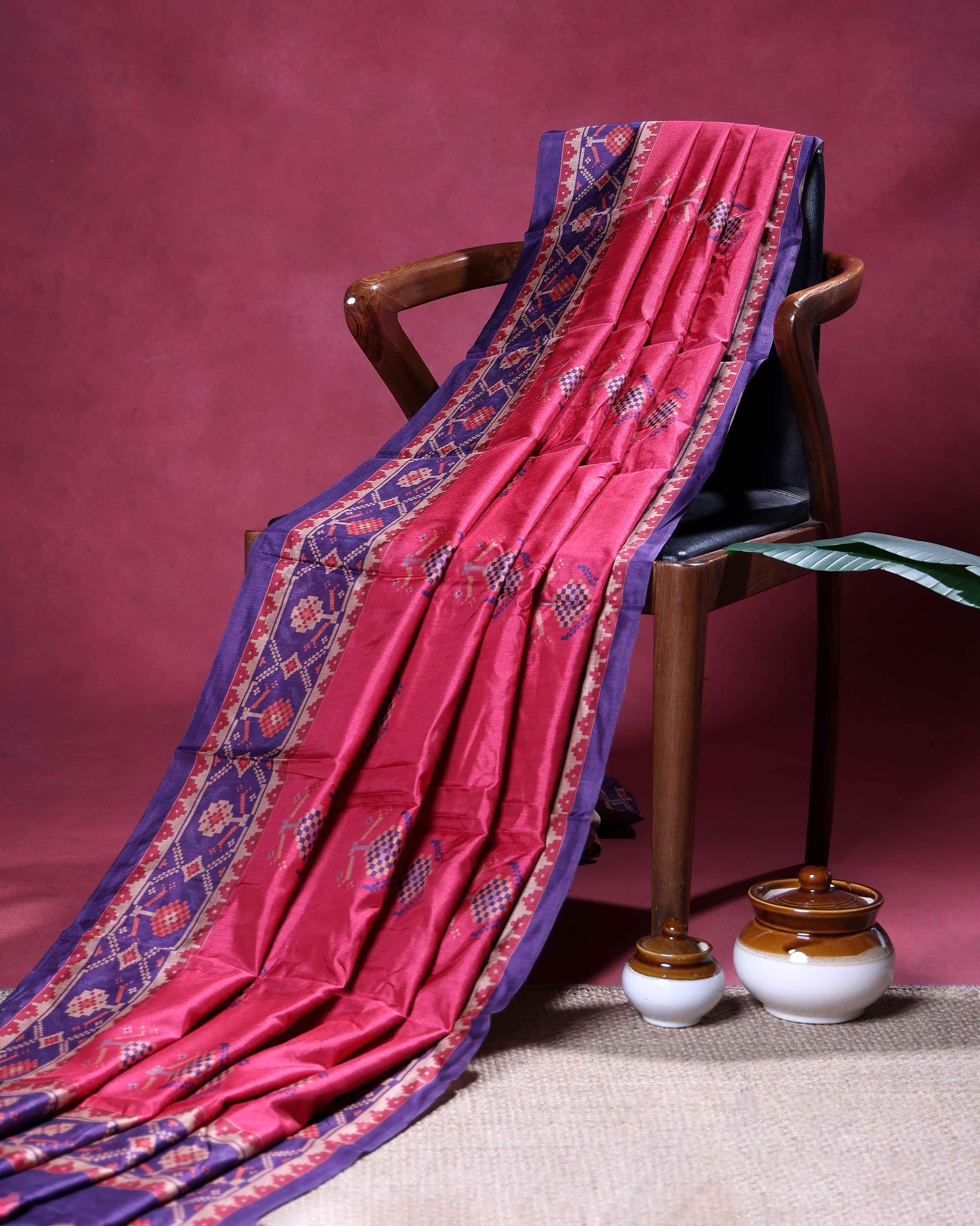 Elegant Semi Tussar Saree with Traditional Ikkat Inspired Woven Motifs and Intricate Ethnic Heritage Border - Pink