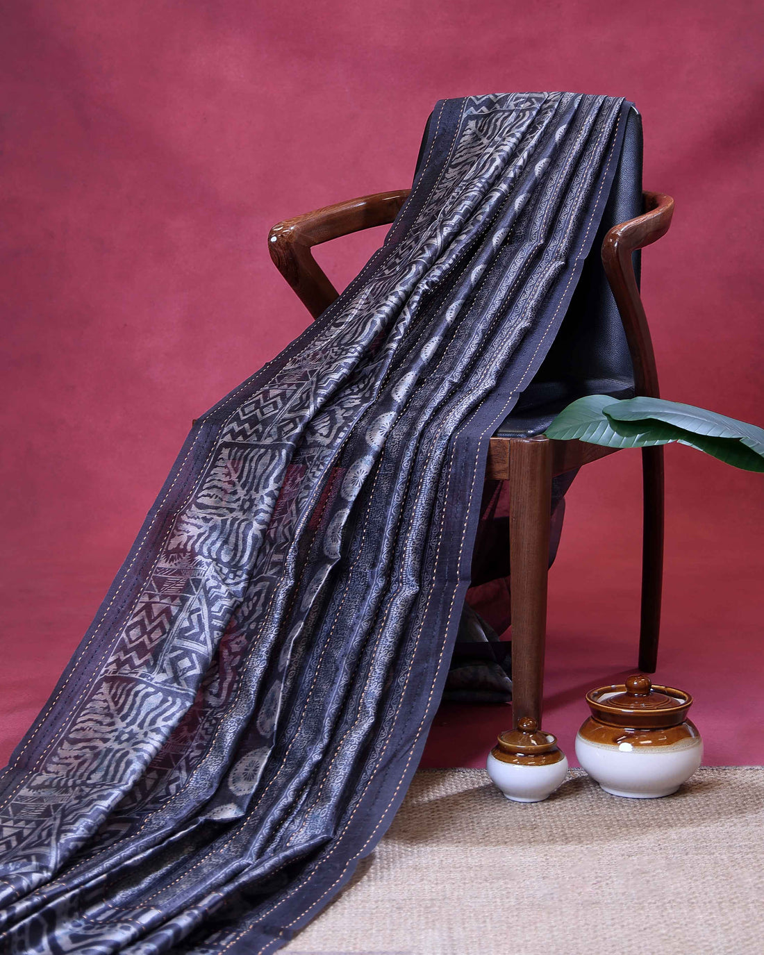 Elegant Semi Tussar Saree with Tribal Inspired Abstract Weaves Intricate Striped Patterns - Dark Grey