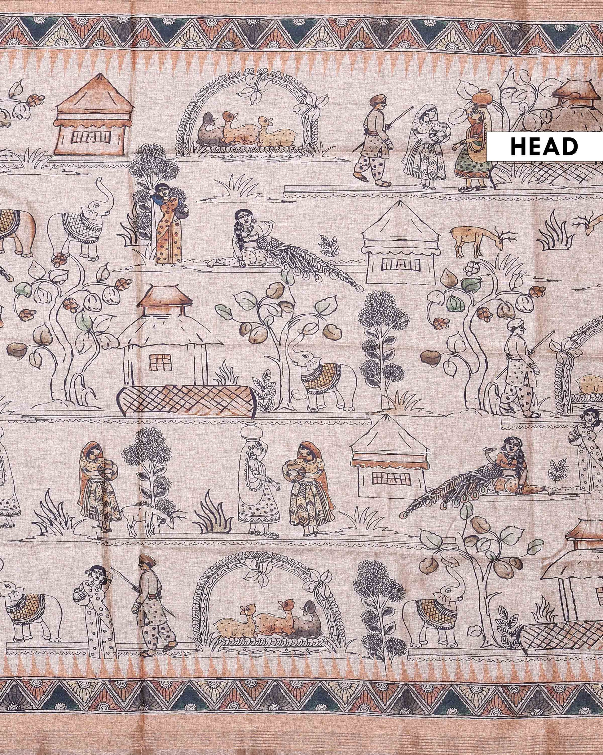 Elegant Semi Tussar Saree with Tribal and Folk Art Print and Geometric Printed Border - Beige-Head