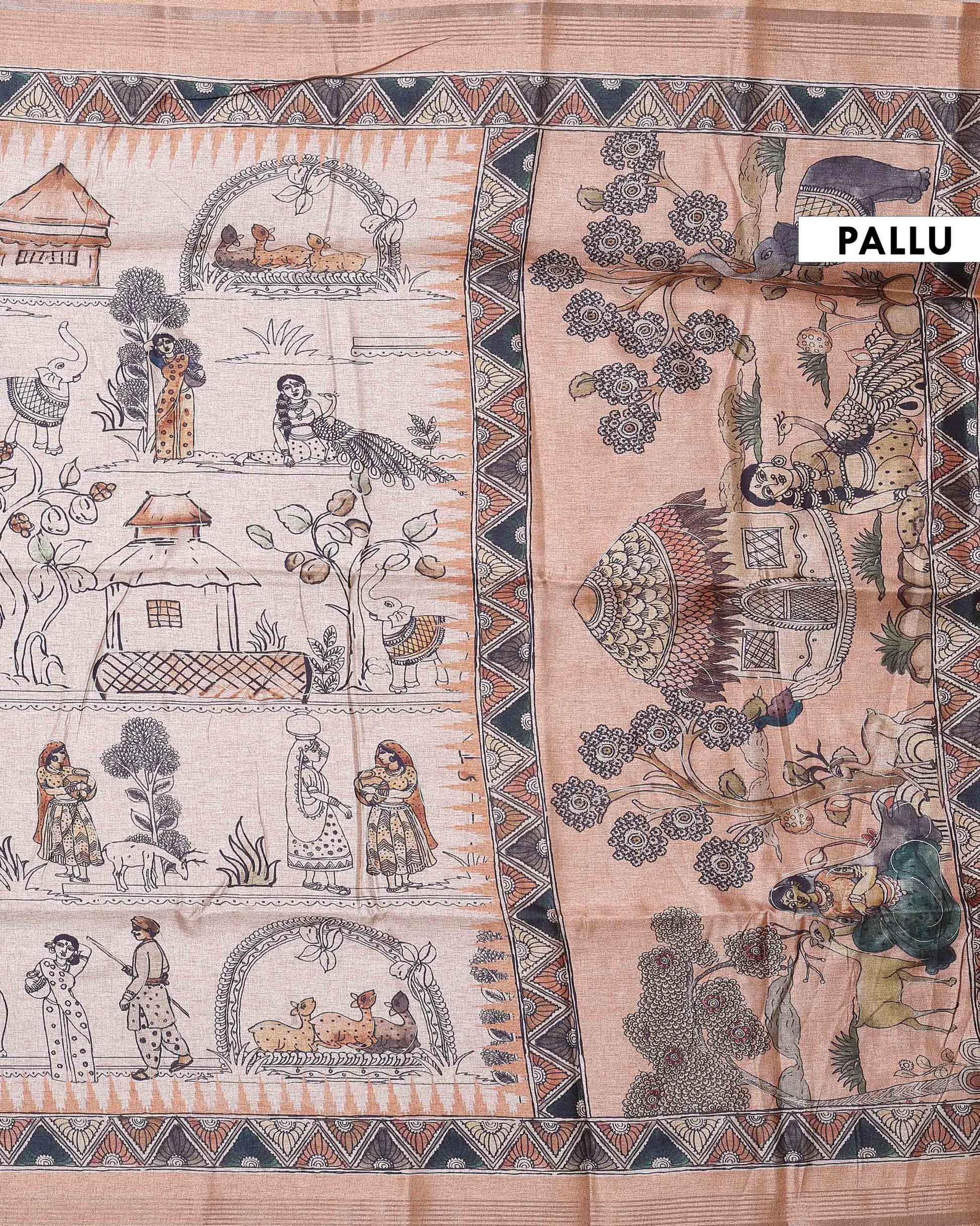 
Elegant Semi Tussar Saree with Tribal and Folk Art Print and Geometric Printed Border - Beige-Pallu
