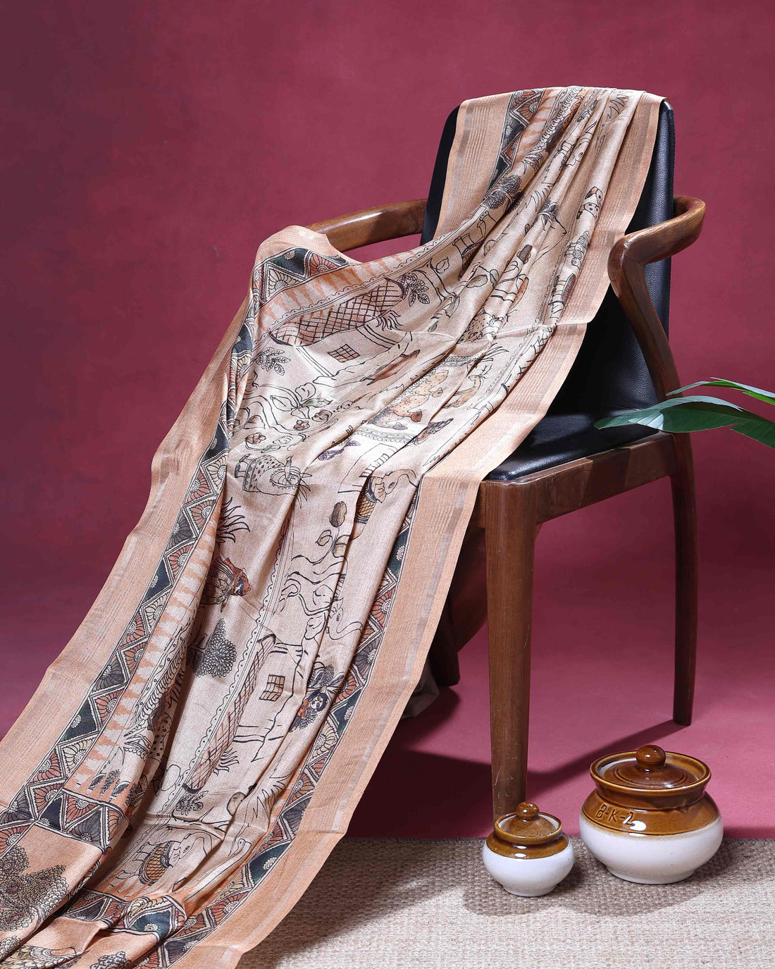 Elegant Semi Tussar Saree with Tribal and Folk Art Print and Geometric Printed Border - Beige